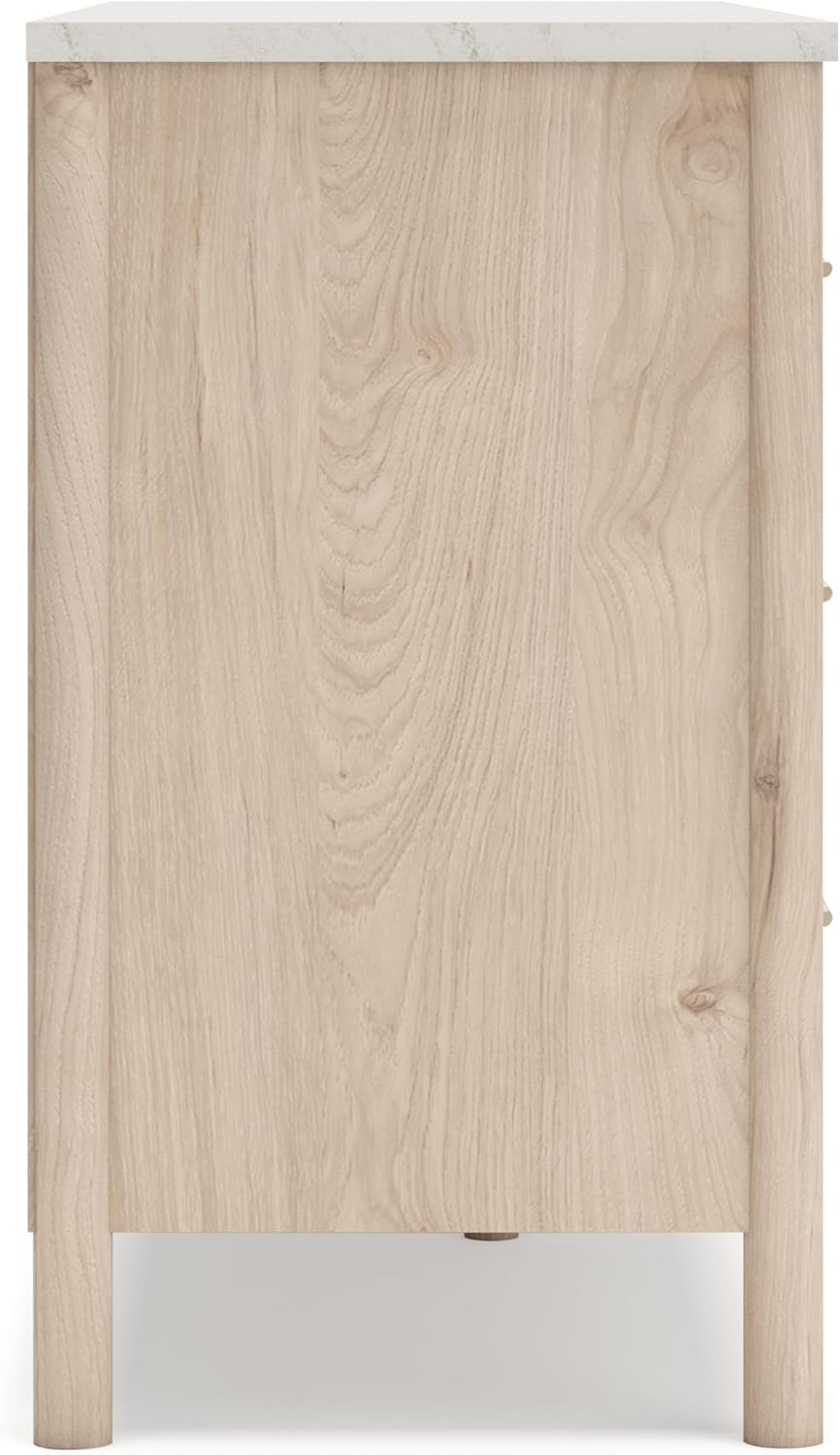 Signature Design by Ashley Cadmori Casual Bohemian Dresser with Post Legs and 6 Drawers, Replicated Marble Top, Wood, 35' High, White and Light Brown Finish