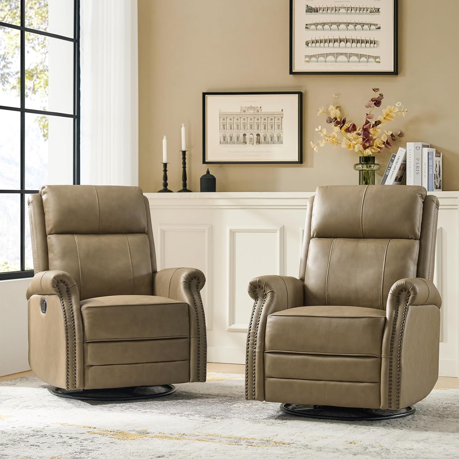 HULALA HOME Genuine Leather Swivel Rocker Recliners Set of 2 with Adjustable Backrest & Footrest,Manual Glider Recliner Chair with Swivel Base, Home Theater Sofa Armchair for Living Room Bedroom,TAUPE