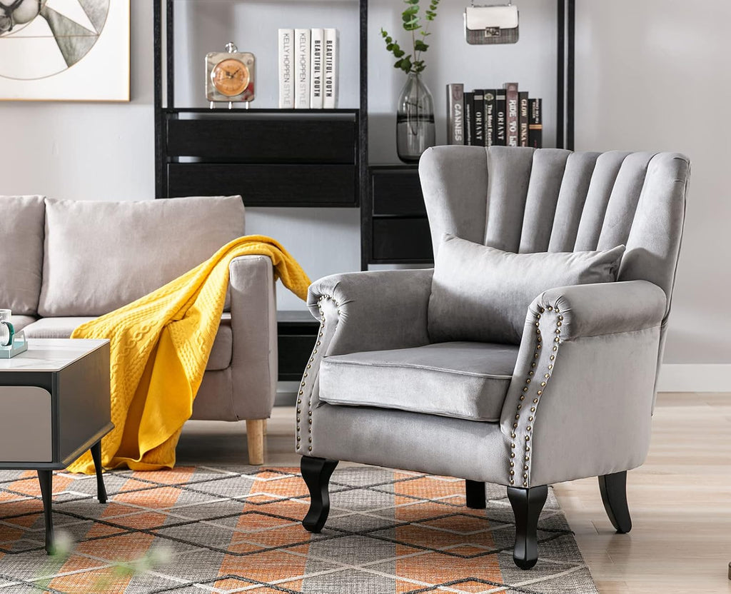 Kmax Grey Accent Chair Velvet Wingback Chair with Pillow Nail-Head Channel Tufted Oversized Club Chair for Living Room Bedroom Guest Room