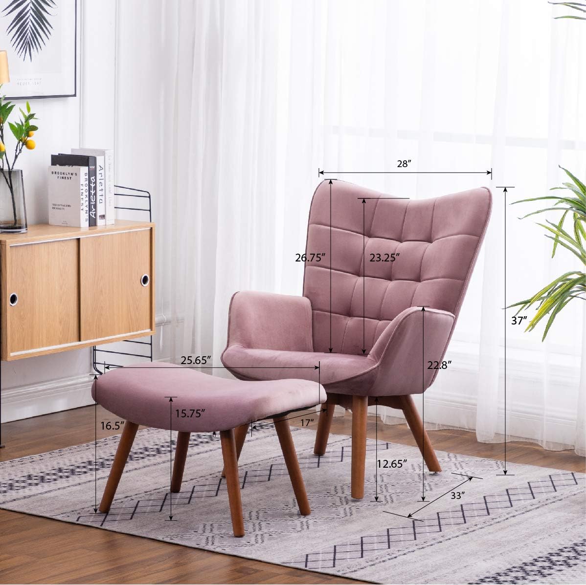 Roundhill Furniture Leiria Contemporary Silky Velvet Tufted Accent Chair with Ottoman, Mauve