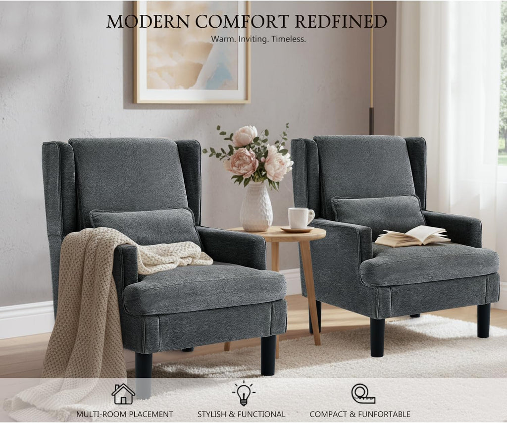 Accent Chairs Set of 2 for Living Room Chairs Modern Accent Chair Oversized Reading Chair for Living Room Sofa Chair with High Back and Wood Legs, Upholstered Comfy Chair for Bedroom(Dark Green)
