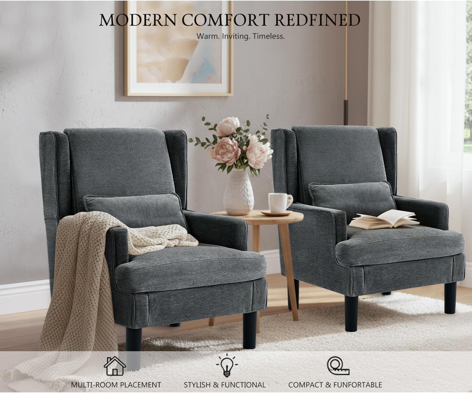 Accent Chairs Set of 2 for Living Room Chairs Modern Accent Chair Oversized Reading Chair for Living Room Sofa Chair with High Back and Wood Legs, Upholstered Comfy Chair for Bedroom(Dark Green)