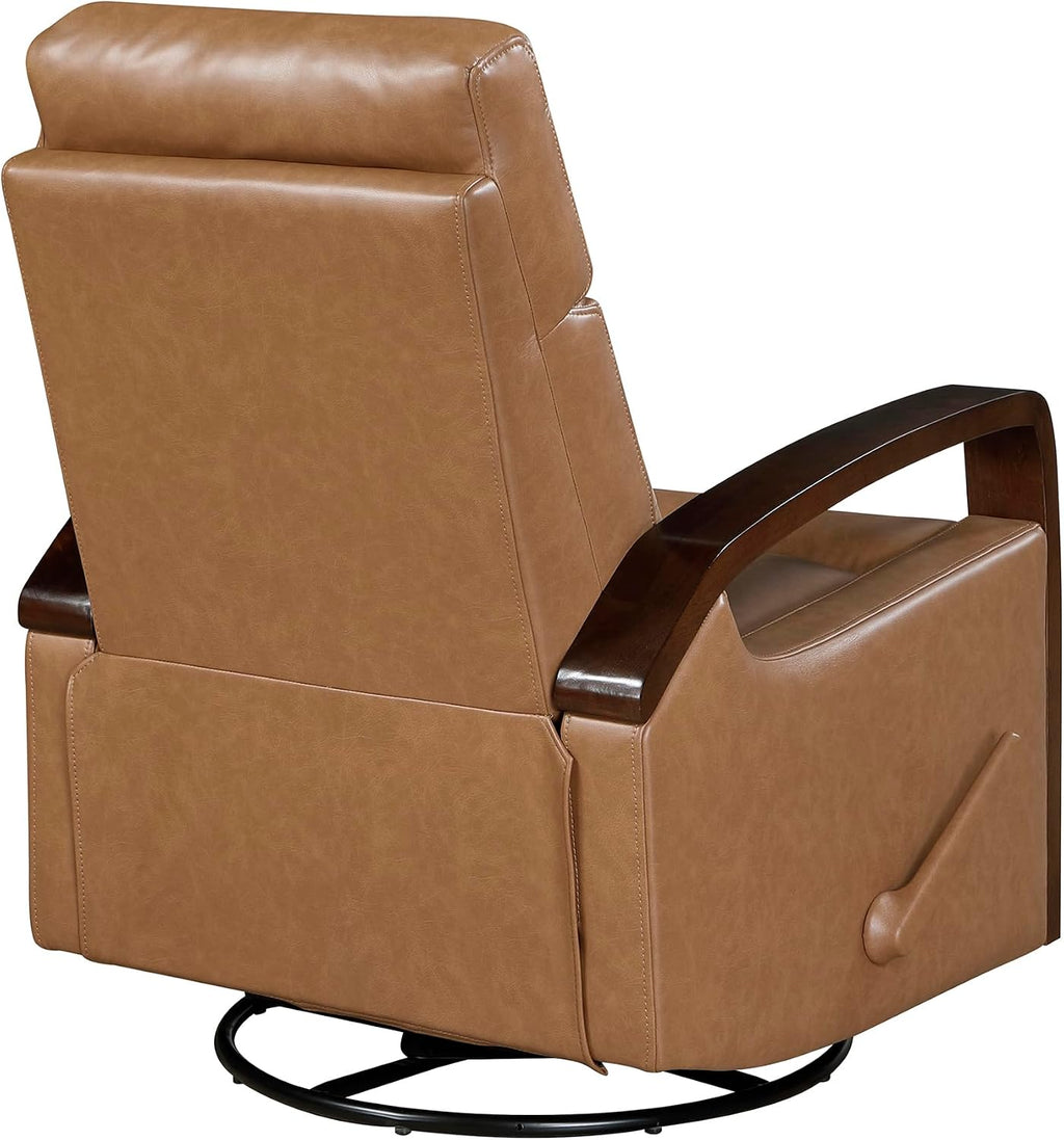 Lexicon 360 Degree Swivel Glider Reclining Chair, Breathable Faux Leather Manual Recliner, Comfy Nursery Glider Recliner, Wood Arms, Pull Handle for Living Room/Office/Bedroom/Apartment, Camel Brown