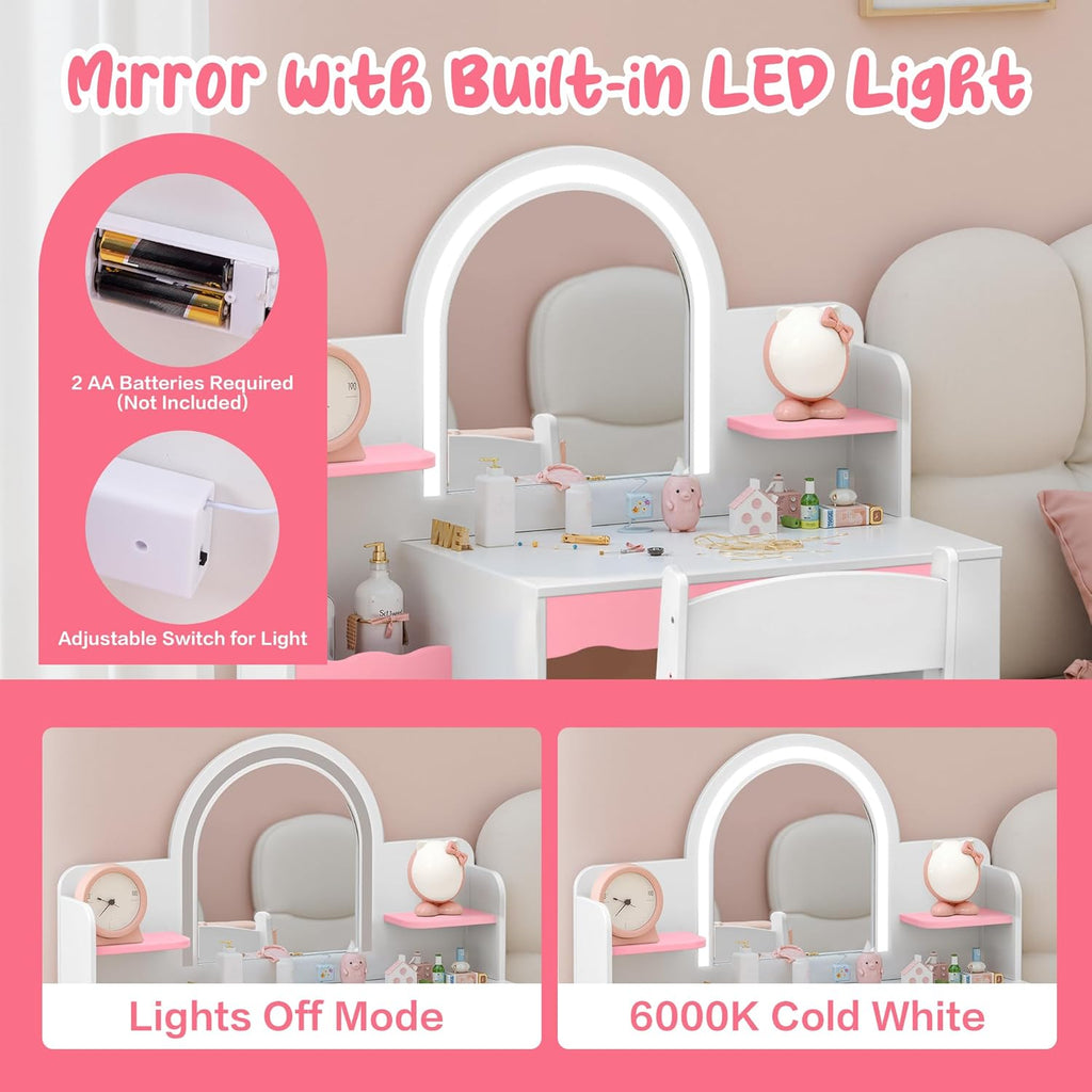 Kids Vanity with LED Mirror and Chair, Girls Vanity Set with Storage Cabinet and Shelves, Toddler Vanity Table and Chair Set for Bedroom Playroom, Pink and White Girl Vanity for Ages 3-8