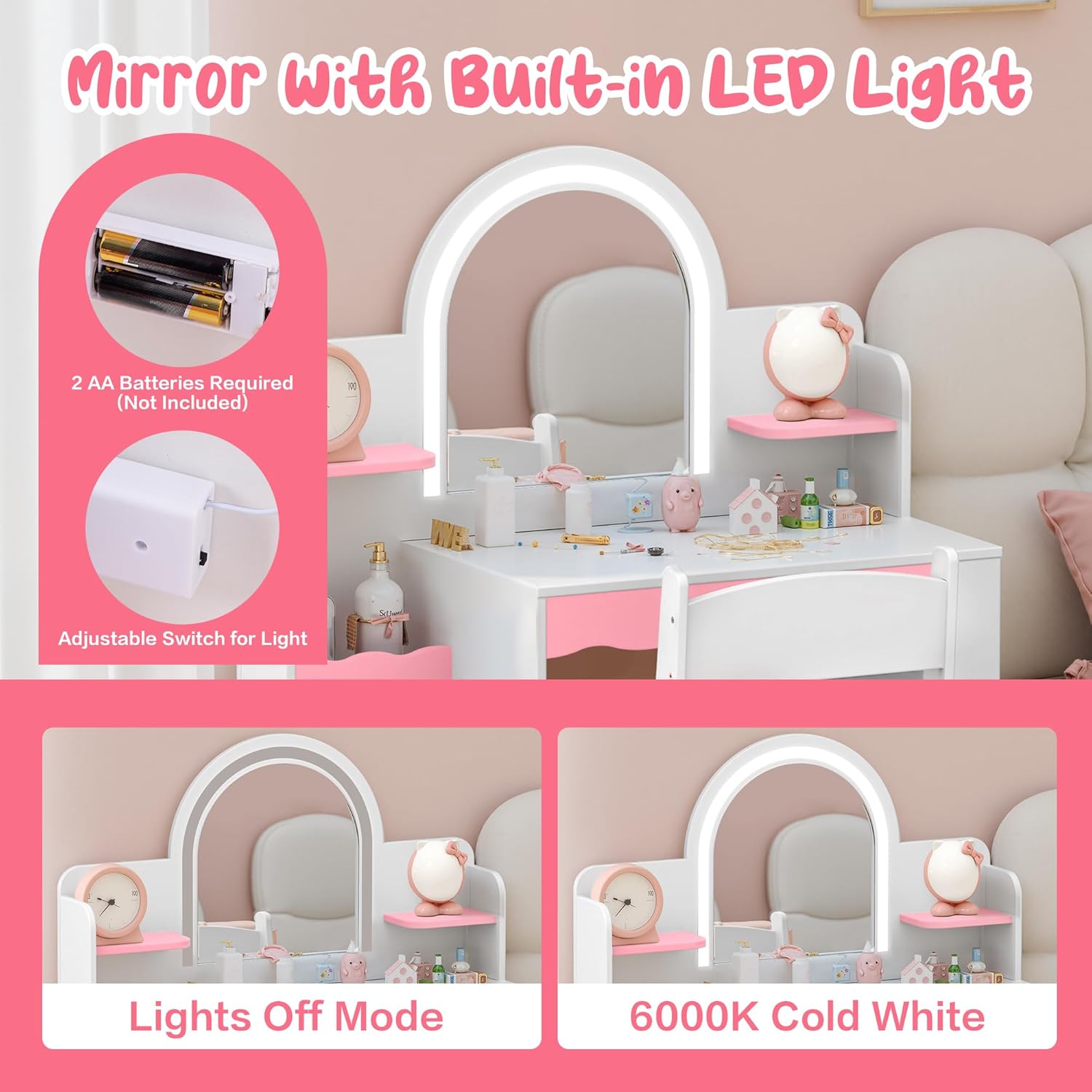 Kids Vanity with LED Mirror and Chair, Girls Vanity Set with Storage Cabinet and Shelves, Toddler Vanity Table and Chair Set for Bedroom Playroom, Pink and White Girl Vanity for Ages 3-8