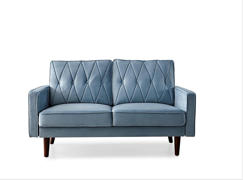 Container Furniture Modern Style Tufted Velvet Couches for Living Room with Soft Fabric Upholstery and Solid Wood Frame, 2 Piece Sofa and Loveseat Set, Light Grayish Cyan