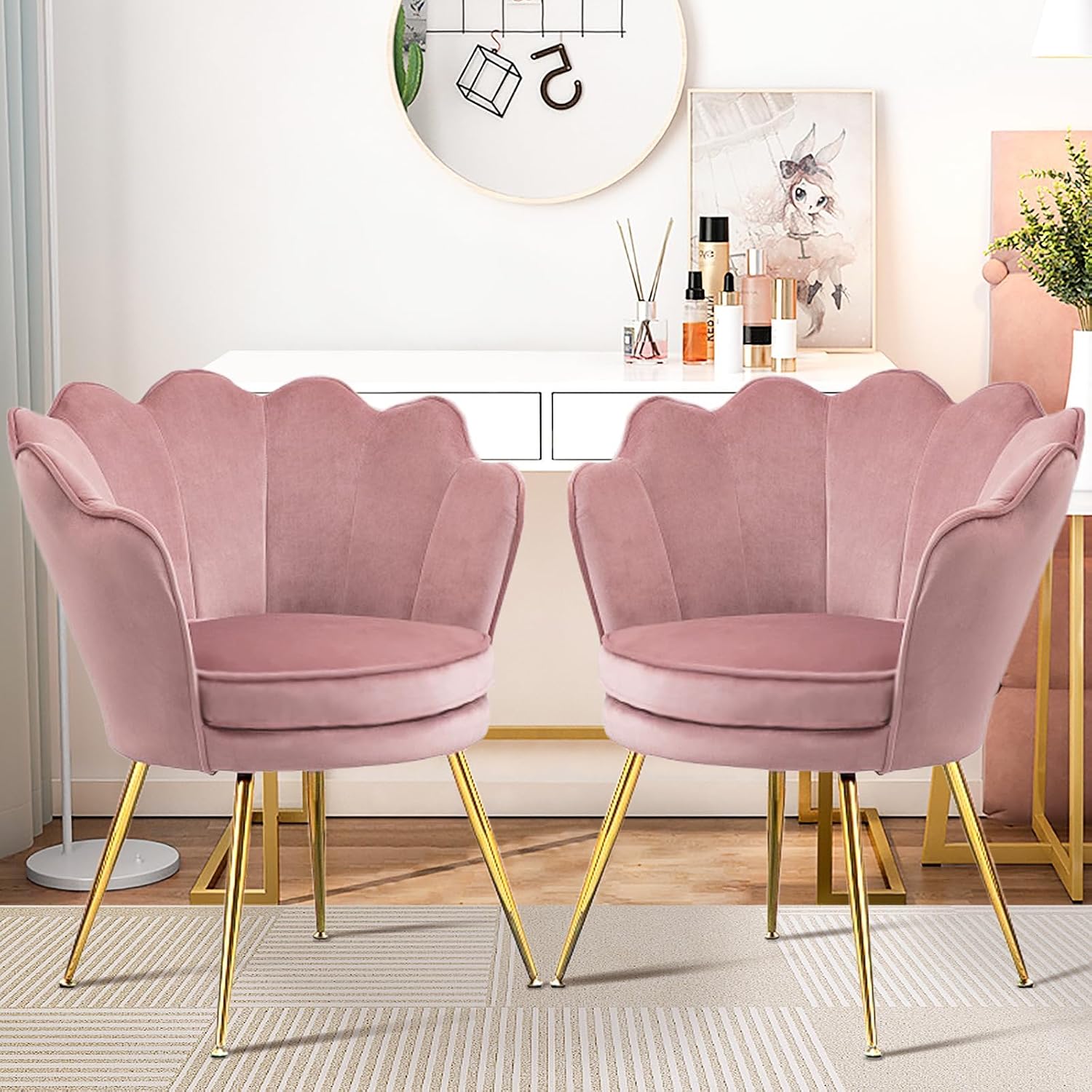 Czlolo Accent Chairs Set of 2 for Living Room, Velvet Upholstered Makeup Room Vanity Chair with Back, Golden Metal Legs Small Accent Side Chair for Bedroom, Cloud Chair Set, 2 Pcs Pink