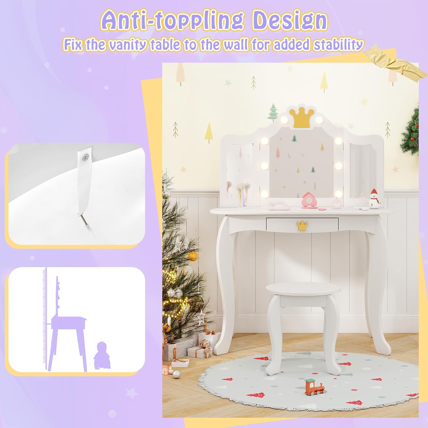 HONEY JOY Kids Vanity with Lights, Crown Girls Vanity Set with Mirror and Stool and Lights, Toddler Vanity, Wooden Makeup Table for Little Girls, Pretend Play Kids Vanity Table and Chair Set(White)