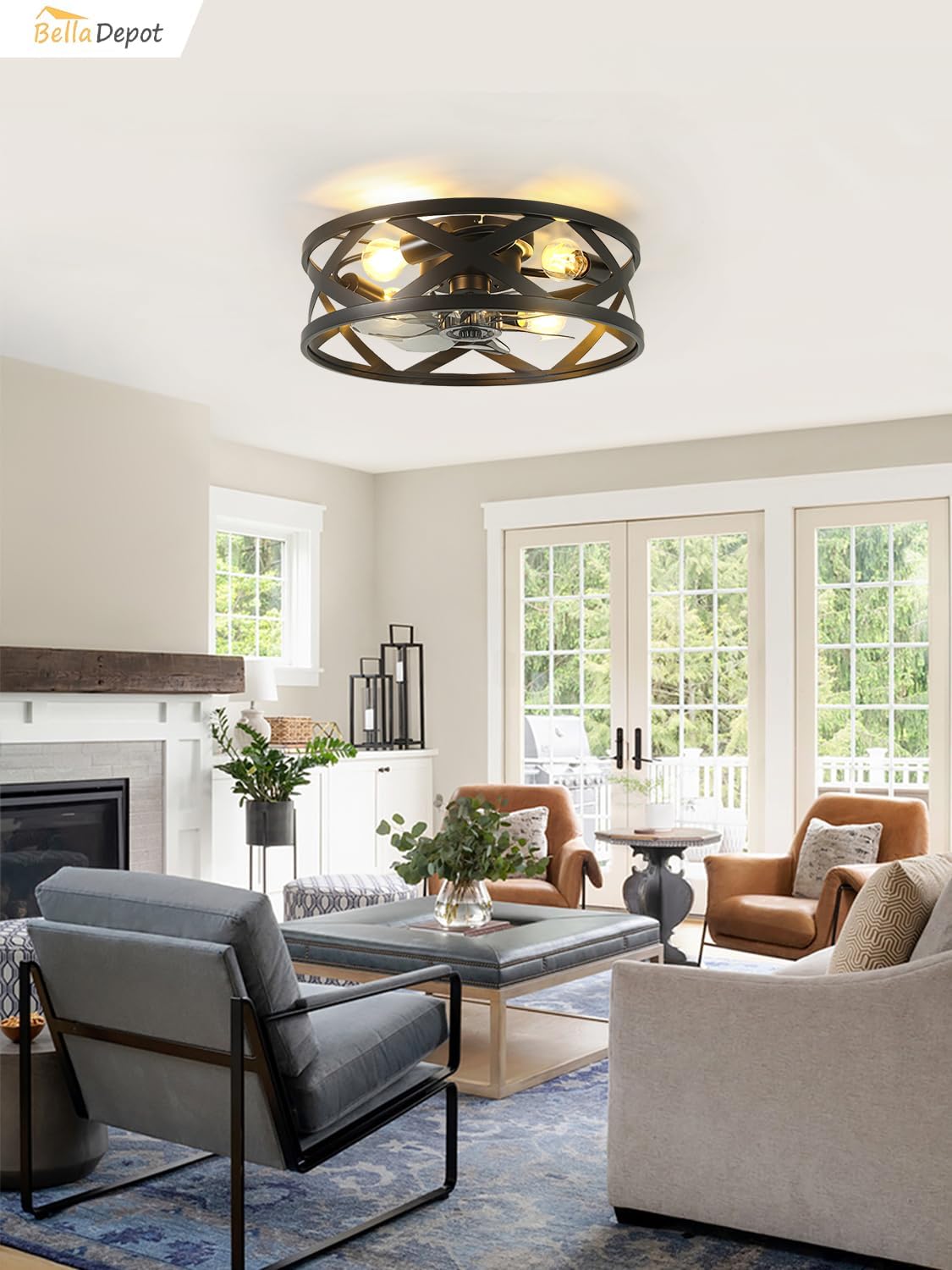 Bella Depot 20' Modern Flush Mount Ceiling Fan with Light, Chandelier Fan, 6 Speeds Reversible Bladeless for Bedroom Living Room Kitchen