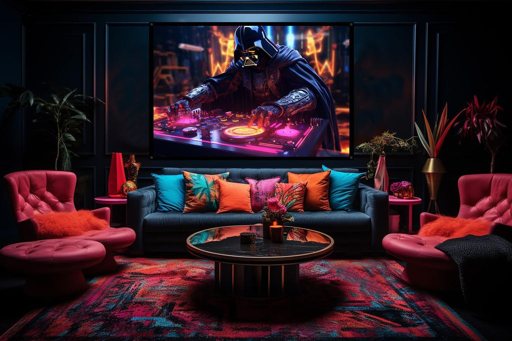 DJ Darth Vador Cyberpunk, UV tapestry, Blacklight Reactive Wall Hanging, Neon Backdrop, Party Decor, Psychedelic Tapestry, Visionary Wall Art (Large)
