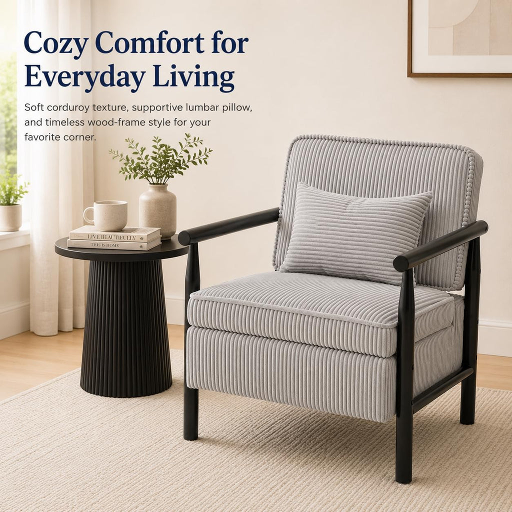 Accent Chair with Hidden Storage, Mid-Century Upholstered Armchair with Solid Wood Frame, Corduroy Fabric Accent Chair for Living Room, Bedroom, and Reading Corner(Grey)