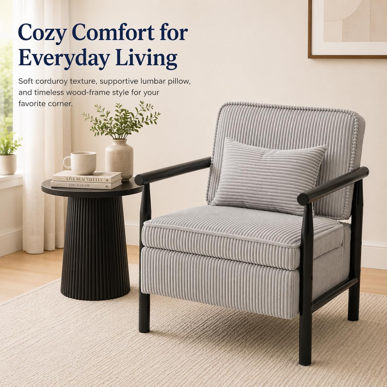 Accent Chair with Hidden Storage, Mid-Century Upholstered Armchair with Solid Wood Frame, Corduroy Fabric Accent Chair for Living Room, Bedroom, and Reading Corner(Grey)