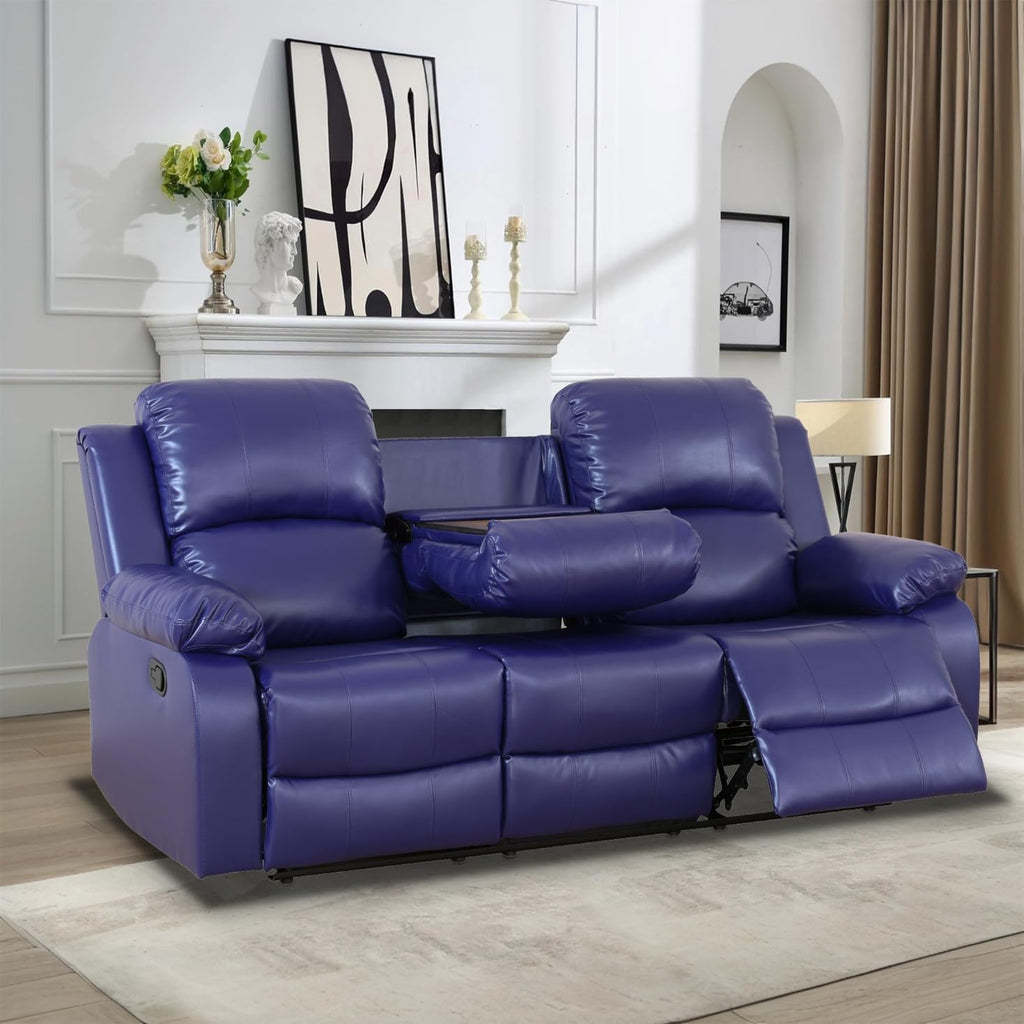 Living Room Furniture Set, Manual Reclining Sofa Set, Blue Leather Recliner Couch Sets with Drop-Down Table, Recliner Sofa with Storage Console/Cup Holder for Living Room/Apartment