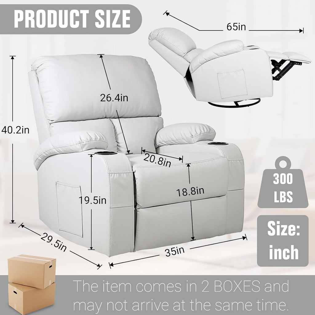 LEVELEVE Rocking Recliner Chair, Massage Rocker Recliner Chair with Vibration Massage and Heat, 360° Swivel Recliner Chairs, Living Room, Bedroom, Nursery, RV, Grey