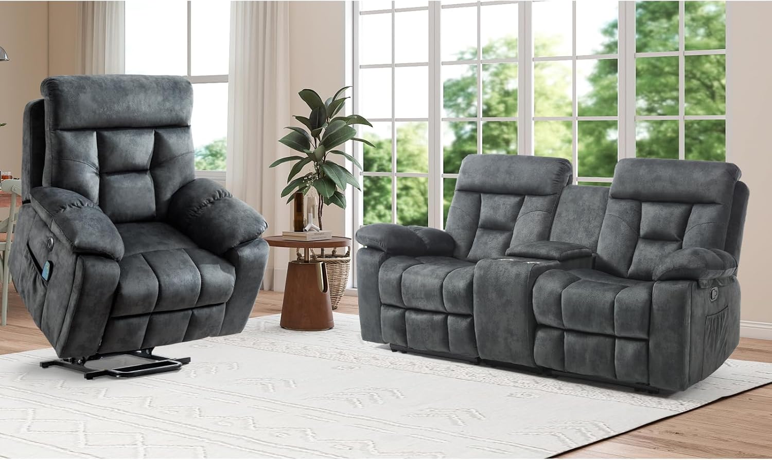 EBELLO 2 Piece Reclining Living Room Set, Soft Fabric Recliner Sofa Set, Included Power Lift Recliner Chair with Massage and Heat and Loveseat, Dark Greenish-Grey