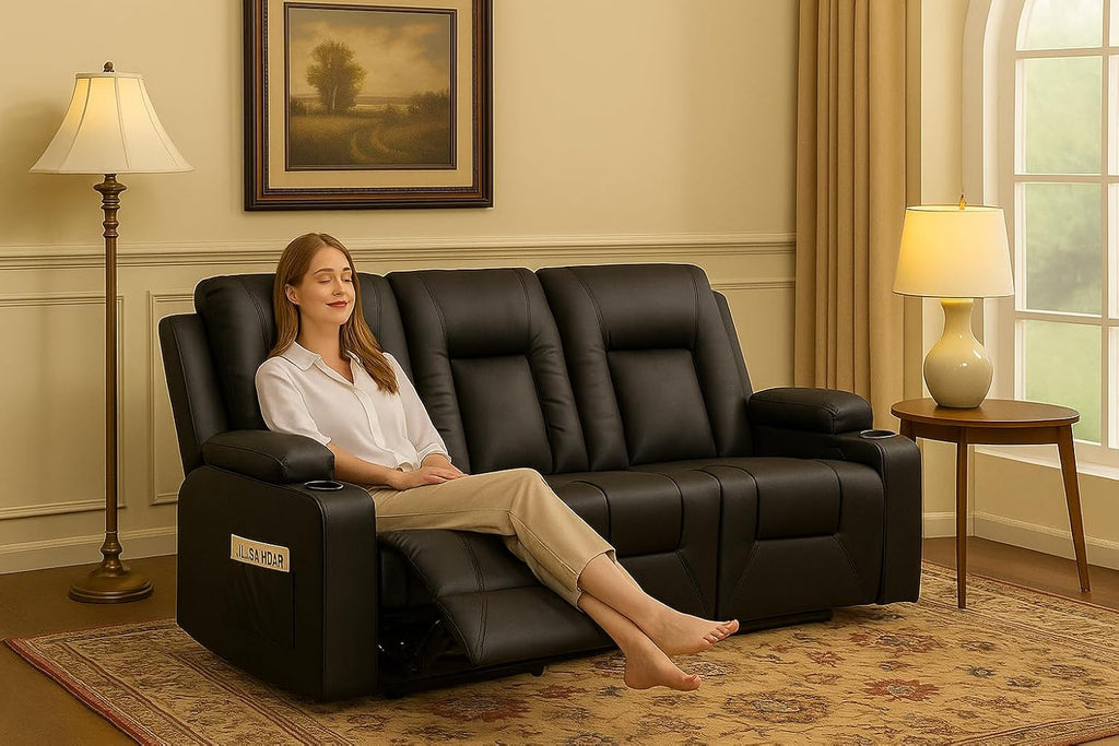 LUCKLIFE Leather Recliner Sofa Set with Manual Recliners,Living Room Furniture Set with Reclining Couch,Loveseat and Armchair,Living Room Chair with Cup Holders,Black (3)