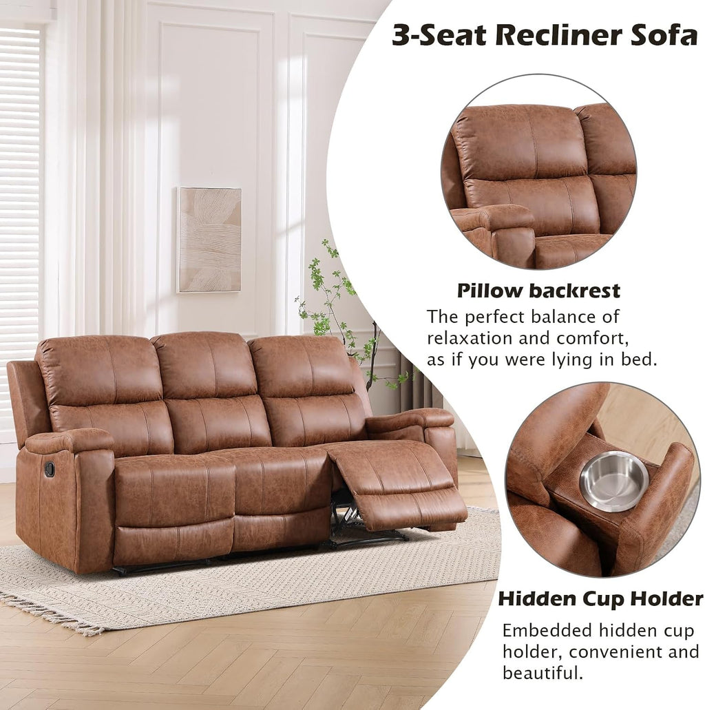 CANMOV Faux Leather Manual Reclining Sofa Furniture Set, 2 Manual Recliner Chair and 3 Seat Recliner Sofa Couch Set for Living Room,Brown
