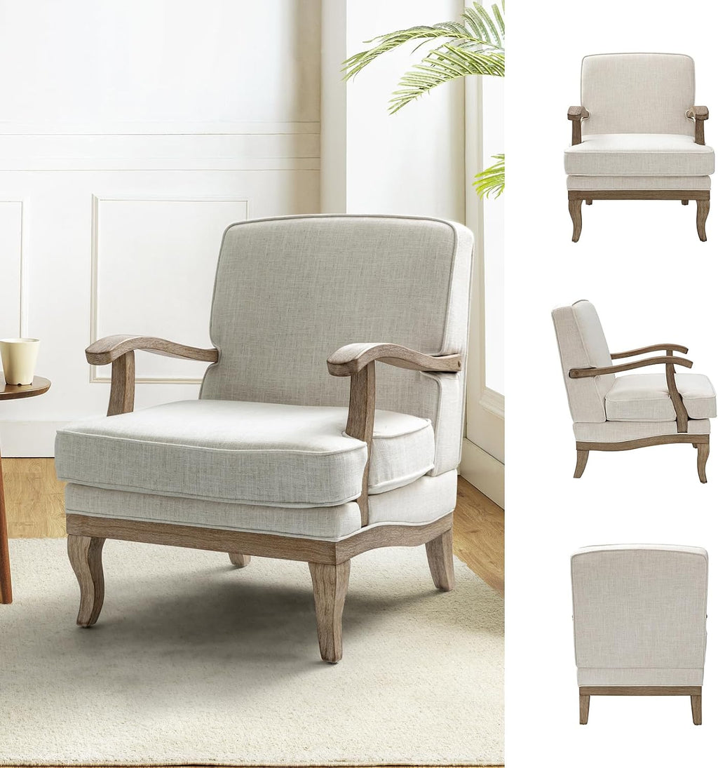 HULALA HOME Mid-Century Modern Accent Chair, Upholstered Living Room Lounge Chair, Lounge Armchair with Romantic Stripes & Solid Wood Legs, Living Room Bedroom Single Sofa Chair (Ivory)