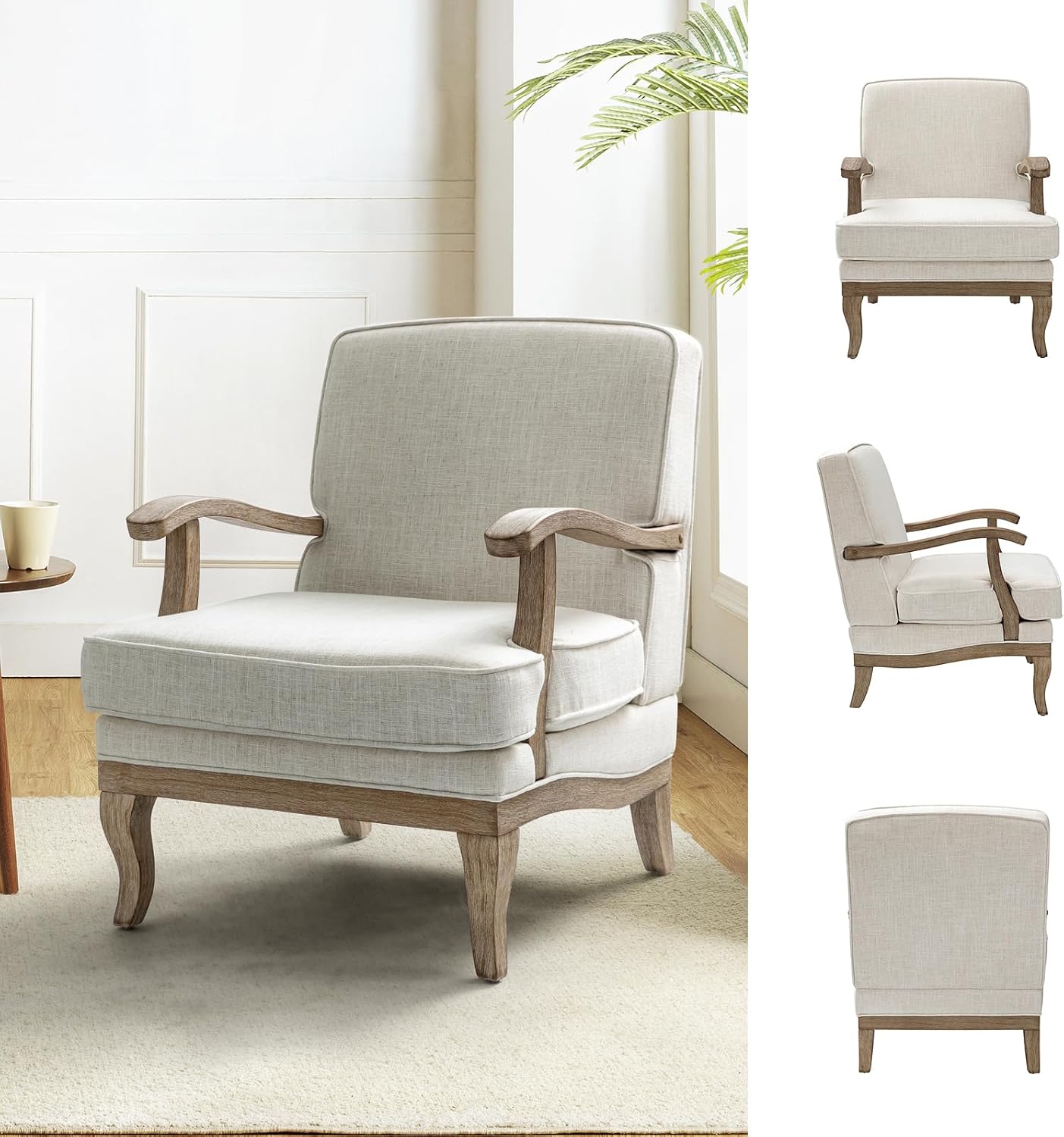 HULALA HOME Mid-Century Modern Accent Chair, Upholstered Living Room Lounge Chair, Lounge Armchair with Romantic Stripes & Solid Wood Legs, Living Room Bedroom Single Sofa Chair (Ivory)
