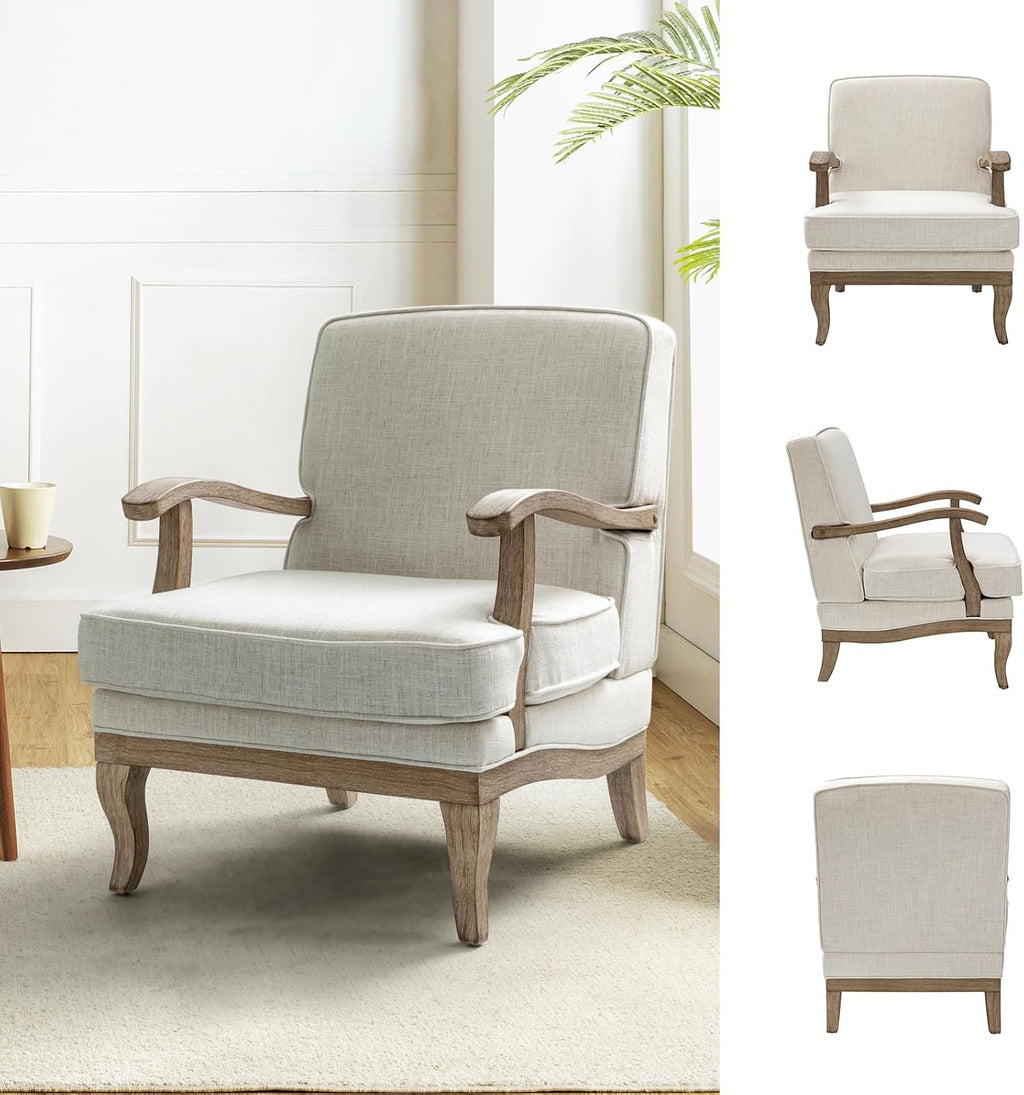 HULALA HOME Mid-Century Modern Accent Chair Set of 2, Upholstered Living Room Lounge Chair, Comfy Armchair with Solid Wood Legs & Removable Cushion, Bedroom Lounge Room Sofa Chair (Ivory)