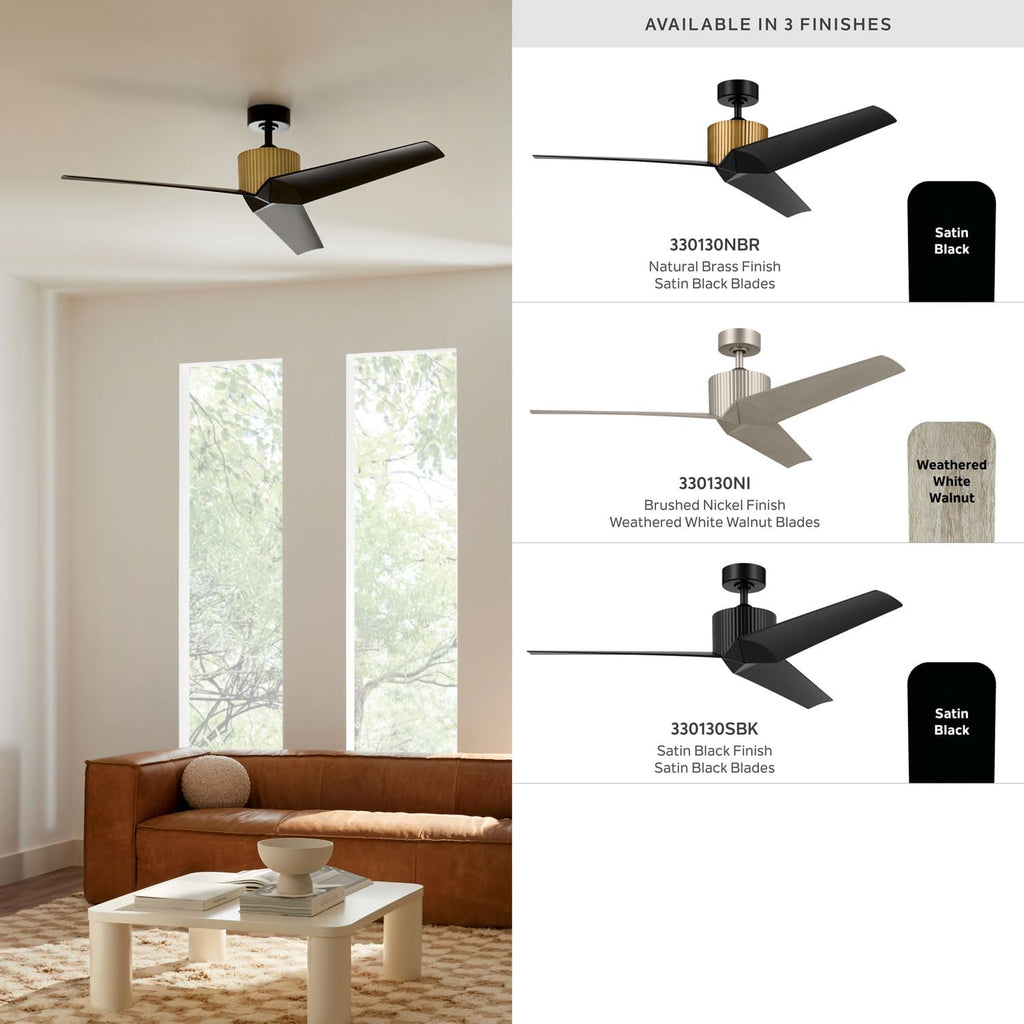 Kichler Almere 56 in 3 Blade Indoor Ceiling Fan without Light, Modern Natural Brass with Satin Black Blades for Living Room, Bedroom, Kitchen, 330130NBR