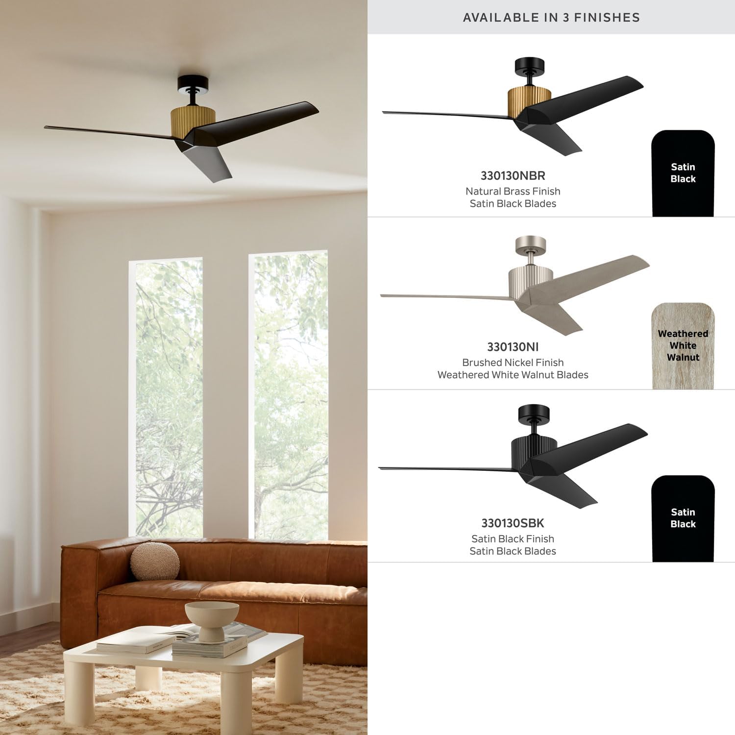 Kichler Almere 56 in 3 Blade Indoor Ceiling Fan without Light, Modern Natural Brass with Satin Black Blades for Living Room, Bedroom, Kitchen, 330130NBR