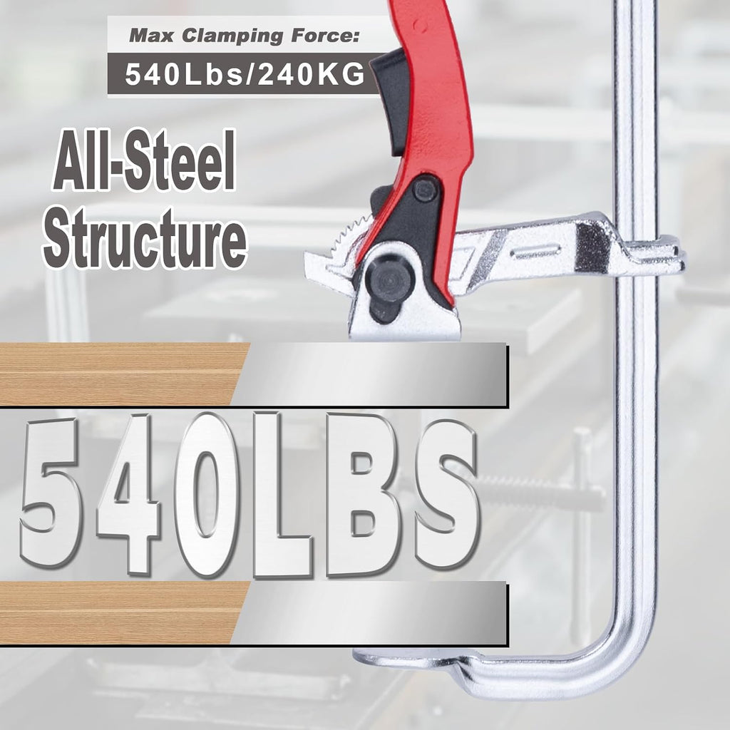 6 Packs Bar Clamps Set, Throat Depth 2-3/8 Inch Heavy Duty Forged Steel Ratcheting Table Clamp, Guide Rail System with Max 330 Lbs Load Limit for Grinding, Milling, Precision Cutting