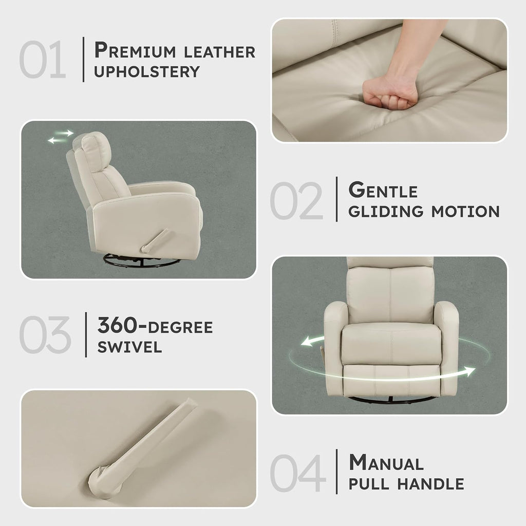 Lexicon Swivel Glider Reclining Chair, Top Grain Leather Match Manual Pull Handle Recliner, Comfy Nursery Glider Recliner, Swivel Reclining Chair for Living Room/Office/Bedroom/Apartment, Beige