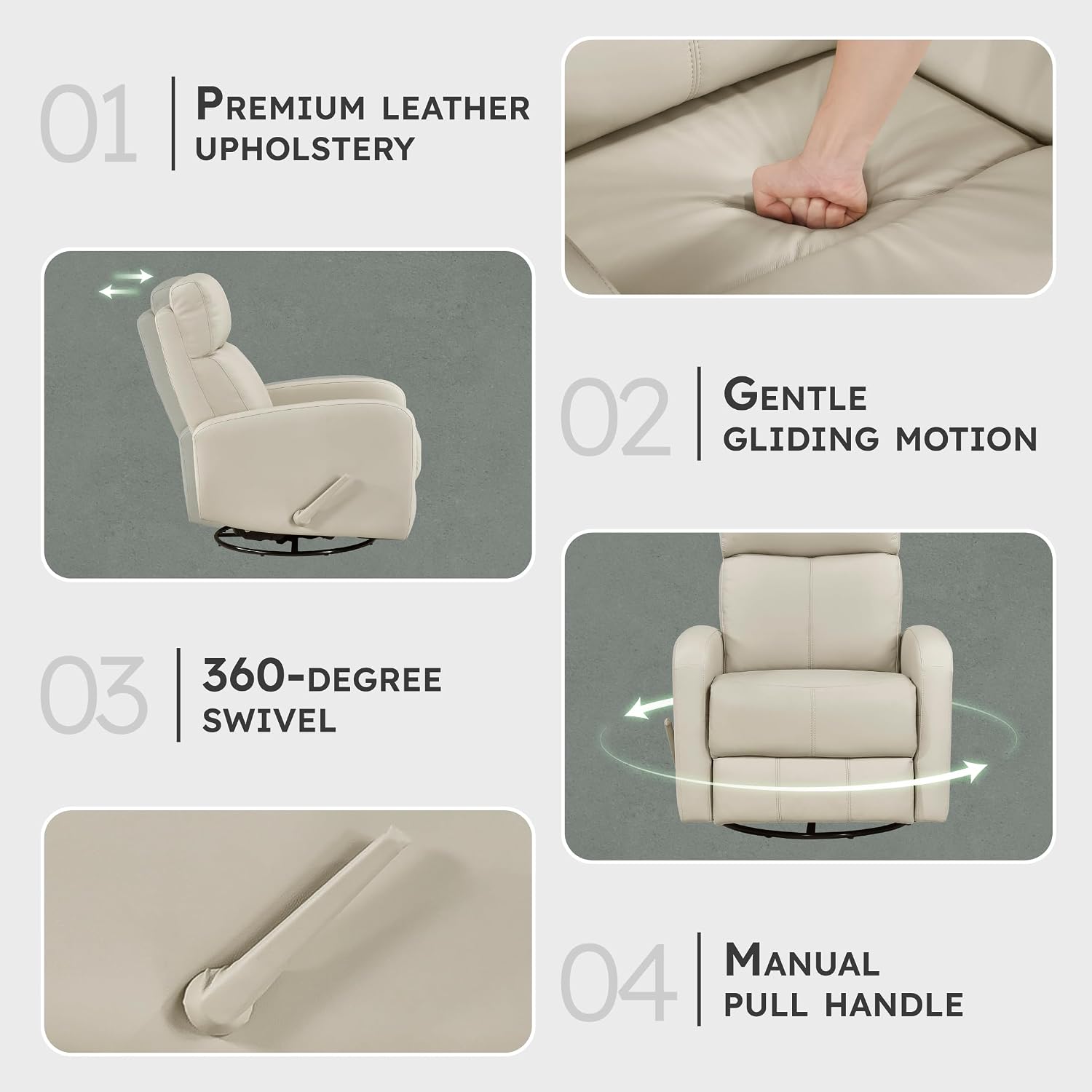 Lexicon Swivel Glider Reclining Chair, Top Grain Leather Match Manual Pull Handle Recliner, Comfy Nursery Glider Recliner, Swivel Reclining Chair for Living Room/Office/Bedroom/Apartment, Beige