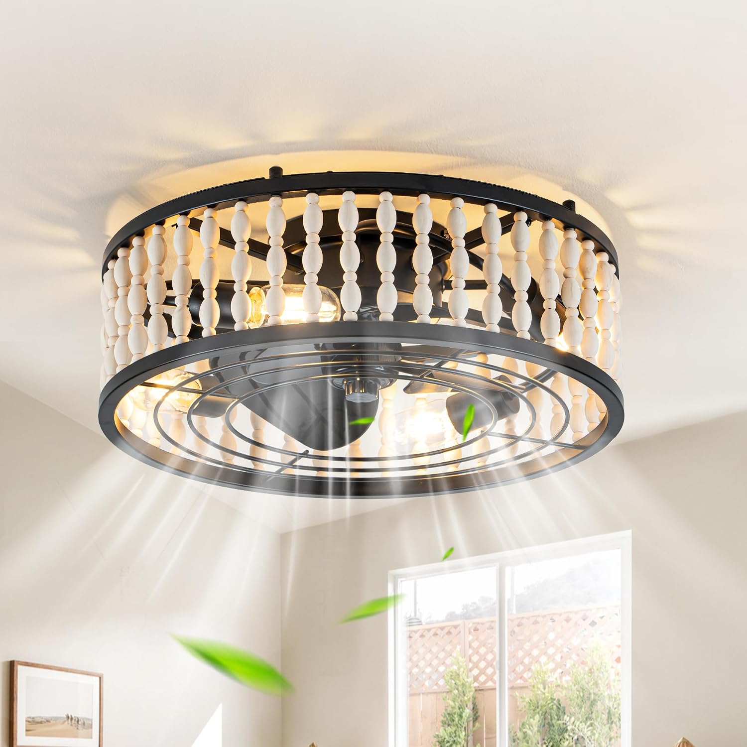 Bella Depot 19' Boho Ceiling Fan with Light, Flush Mount Wood Beaded Fandelier Chandelier Fan, 6 Speeds Reversible Bladeless for Bedroom Kids Room Kitchen, Black Wood
