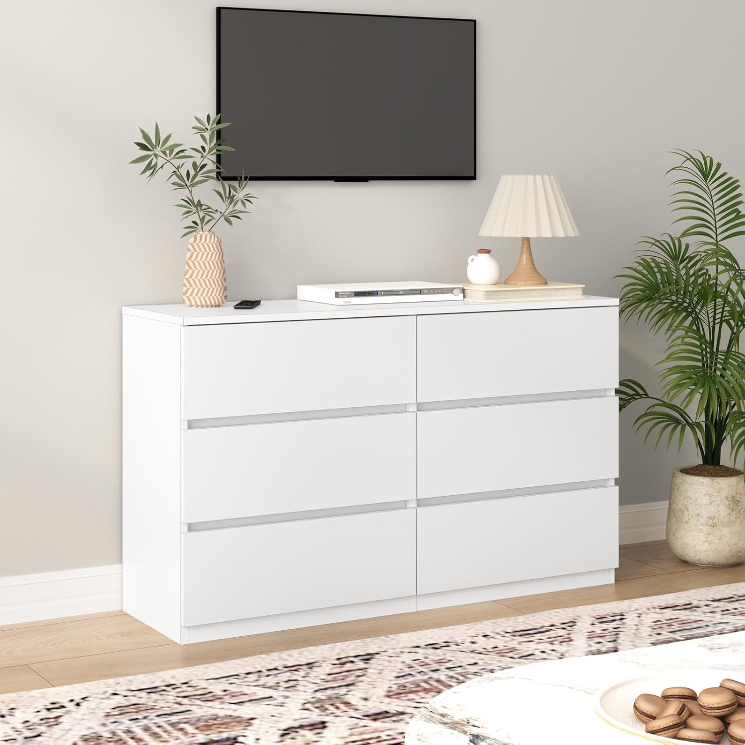 furtble 6 Drawer Dresser for Bedroom, Modern White Chest of Drawers No Handles Large Storage, Wood Dressers with Wide Drawers for Closet, Living Room, Home Office(43.3' W x13.4 Dx 26.4' H)