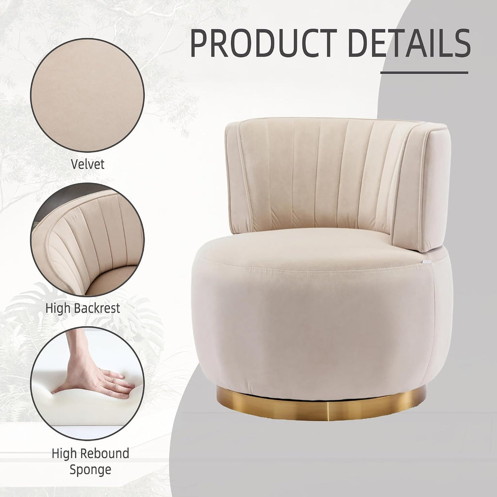 KEIKI Swivel Barrel Accent Chair, 360 Degree Rotating Upholstered Armchair with Velvet Fabric for Living Room, Office, Bedroom, Beige