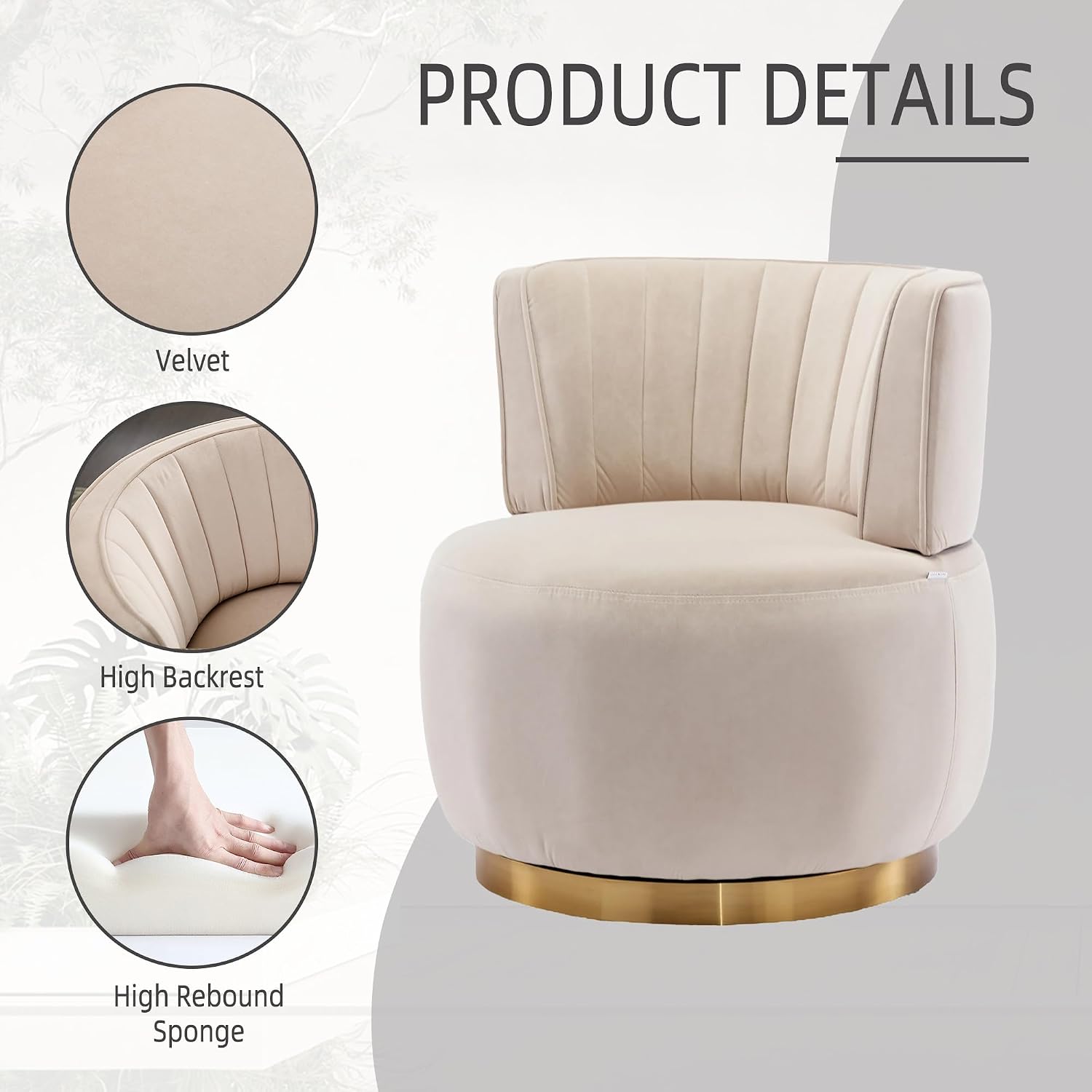KEIKI Swivel Barrel Accent Chair, 360 Degree Rotating Upholstered Armchair with Velvet Fabric for Living Room, Office, Bedroom, Beige