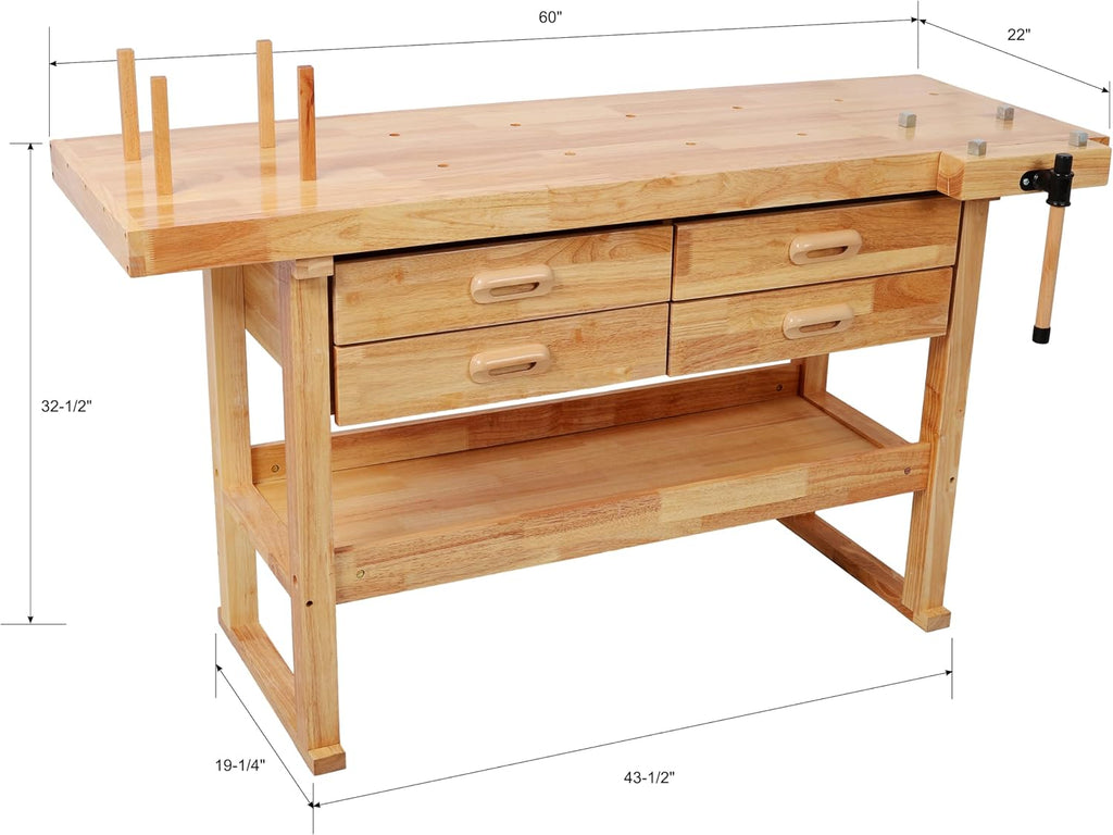 Montary 60-Inch Rubber Hardwood Workbench with 4 Drawers & Shelf, 330LBS Heavy Duty Portable Work Bench with Adjustable Handle, Woodworking Table for Garage, Workshop & Home Storage