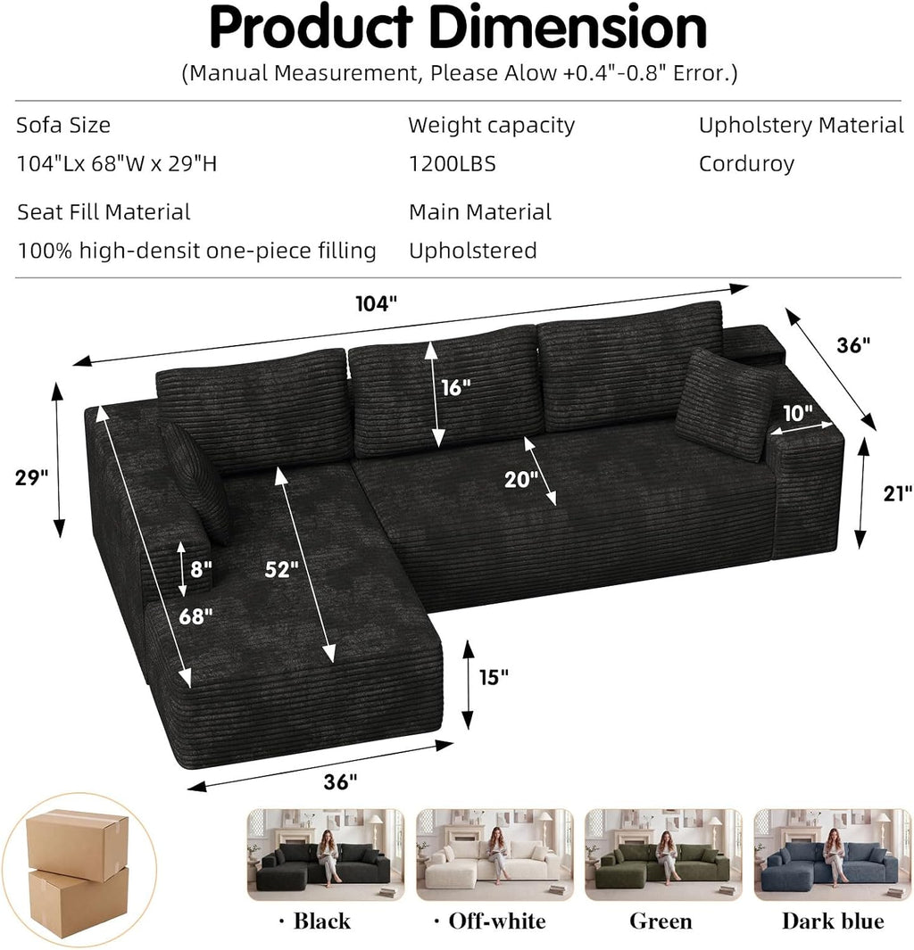 104' Cloud Sectional Couch with L-Shaped Chaise,Modern Modular Sectional Sofa,Corduroy Boneless Couches for Living Room Bedroom,No Assembly Required, 3-Seater (Left Facing Chaise) Black