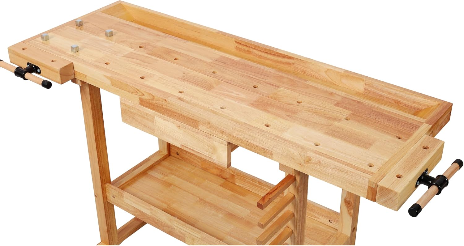 Montary 55' Wood Workbench, Heavy Duty Woodworking Bench with Adjustable Handle, 300Lbs Load Capacity Woodworking Table Work Bench with Drawer & Shelf for Garage, Workshop, Home Storage