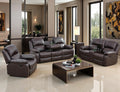 Manual Reclining Couch Sofa Set with Drop-Down Table, 3 Pieces Brown Leather Recliner Couch Sets, Living Room Furniture Sets, Recliner Sofa with Storage Console/Cup Holder for Home/Apartment
