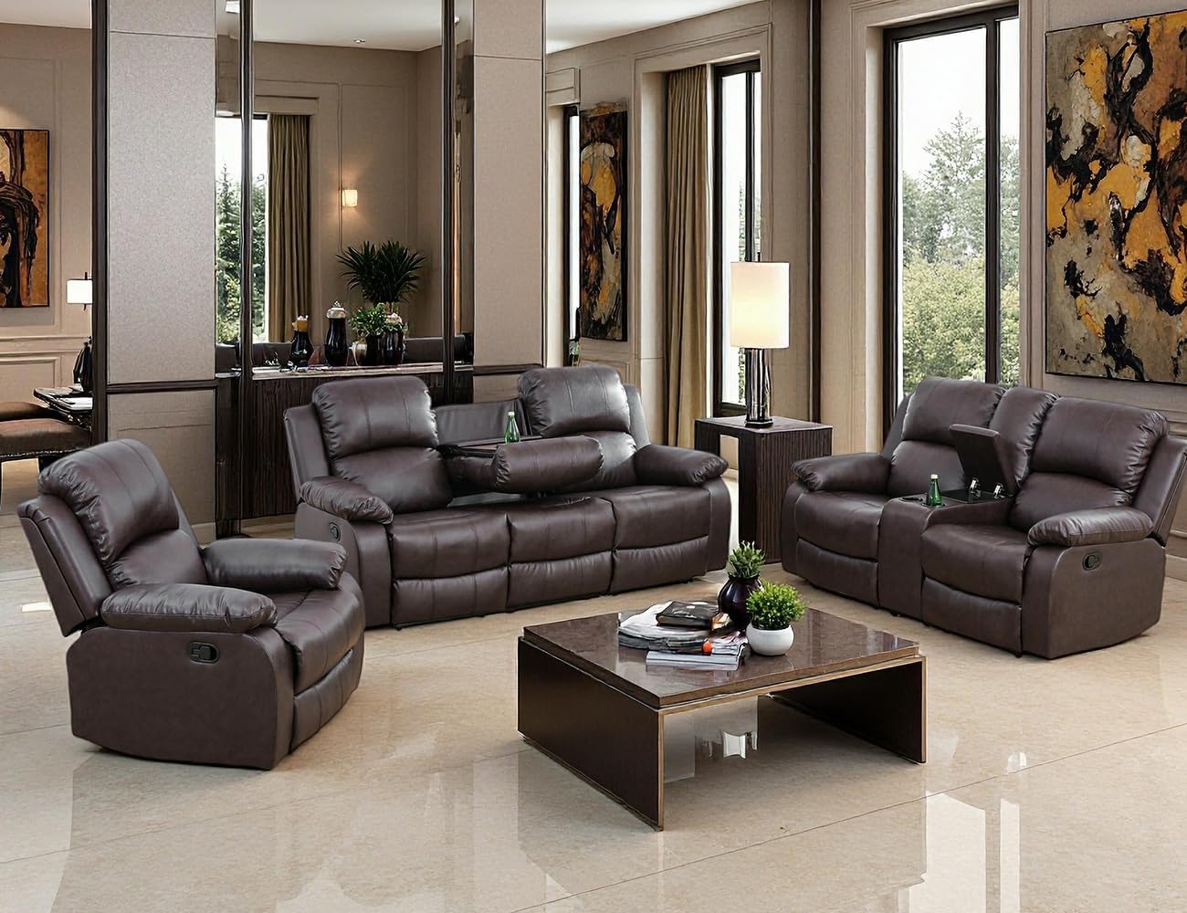Manual Reclining Couch Sofa Set with Drop-Down Table, 3 Pieces Brown Leather Recliner Couch Sets, Living Room Furniture Sets, Recliner Sofa with Storage Console/Cup Holder for Home/Apartment