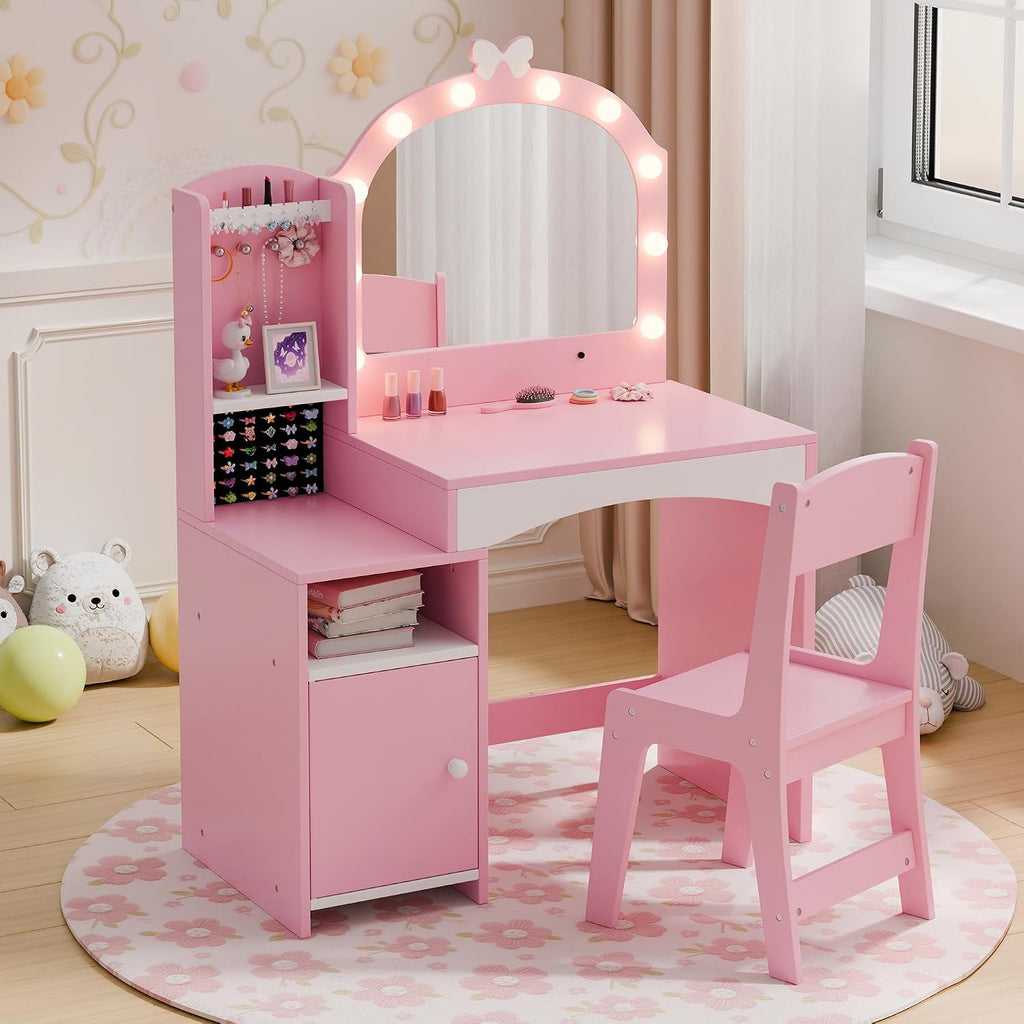 Girls Vanity Table and Chair Set, Kids Vanity with Jewelry Organizer for Princess, Toddler Makeup Vanity Desk with Open Shelf, Closed Cabinet and Butterfly Pattern, Pink