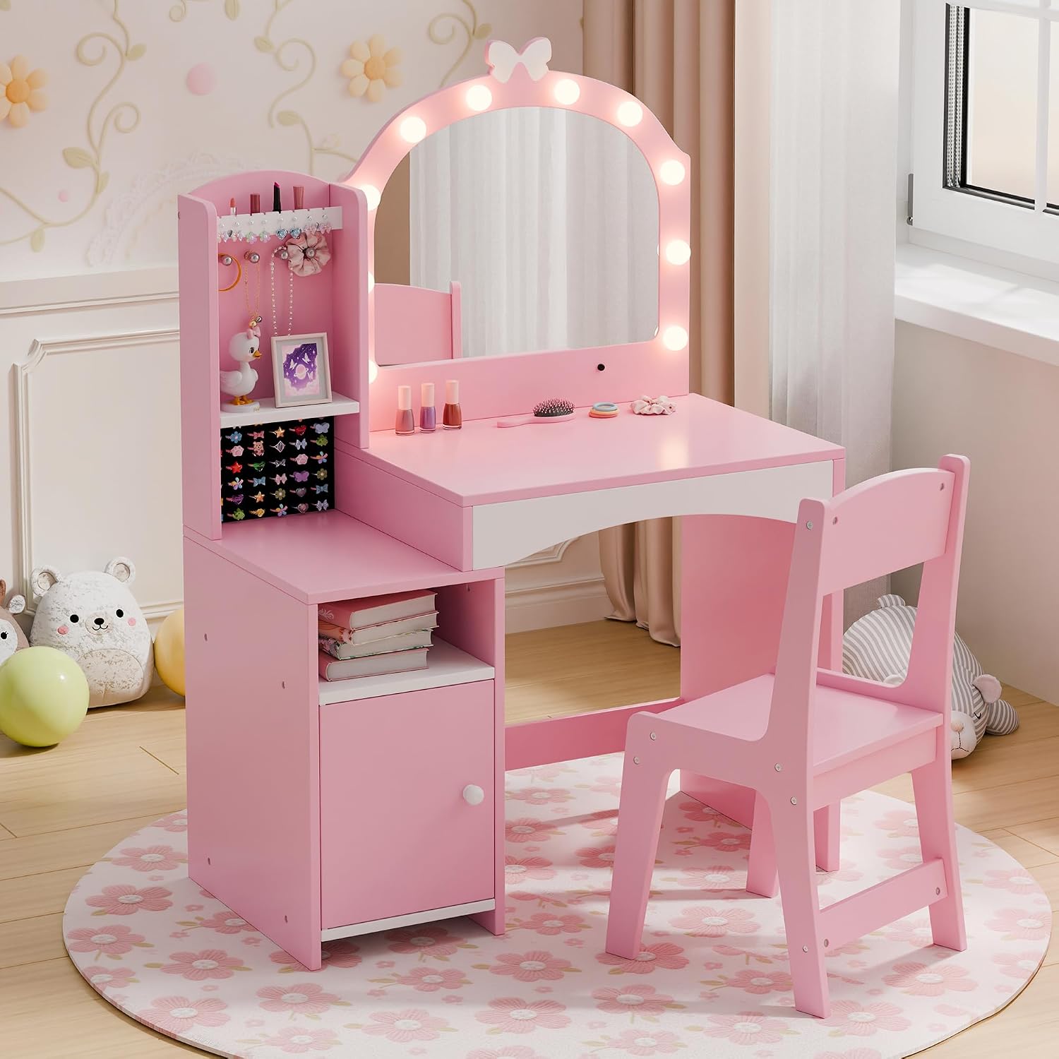 Girls Vanity Table and Chair Set, Kids Vanity with Jewelry Organizer for Princess, Toddler Makeup Vanity Desk with Open Shelf, Closed Cabinet and Butterfly Pattern, Pink