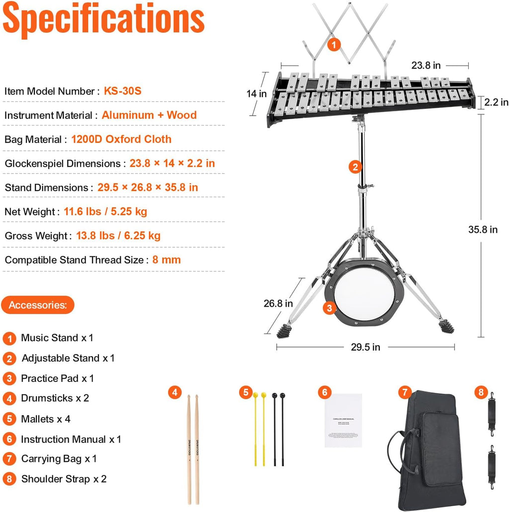 Happybuy 30-Note Glockenspiel Xylophone Bell Kit, Percussion Set with Mallets, Drum Sticks, Music Stand, 8' Practice Pad, Adjustable Stand, Carrying Bag, for Students & Adults