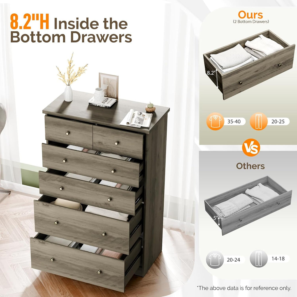 VINGLI Tall Dresser, Rustic Grey Dresser 6 Drawer Chest of Drawers, Wood Gray Dressers for Bedroom, Hallway, Home Office, 31.5' W x 15.75' D x 47.64' H