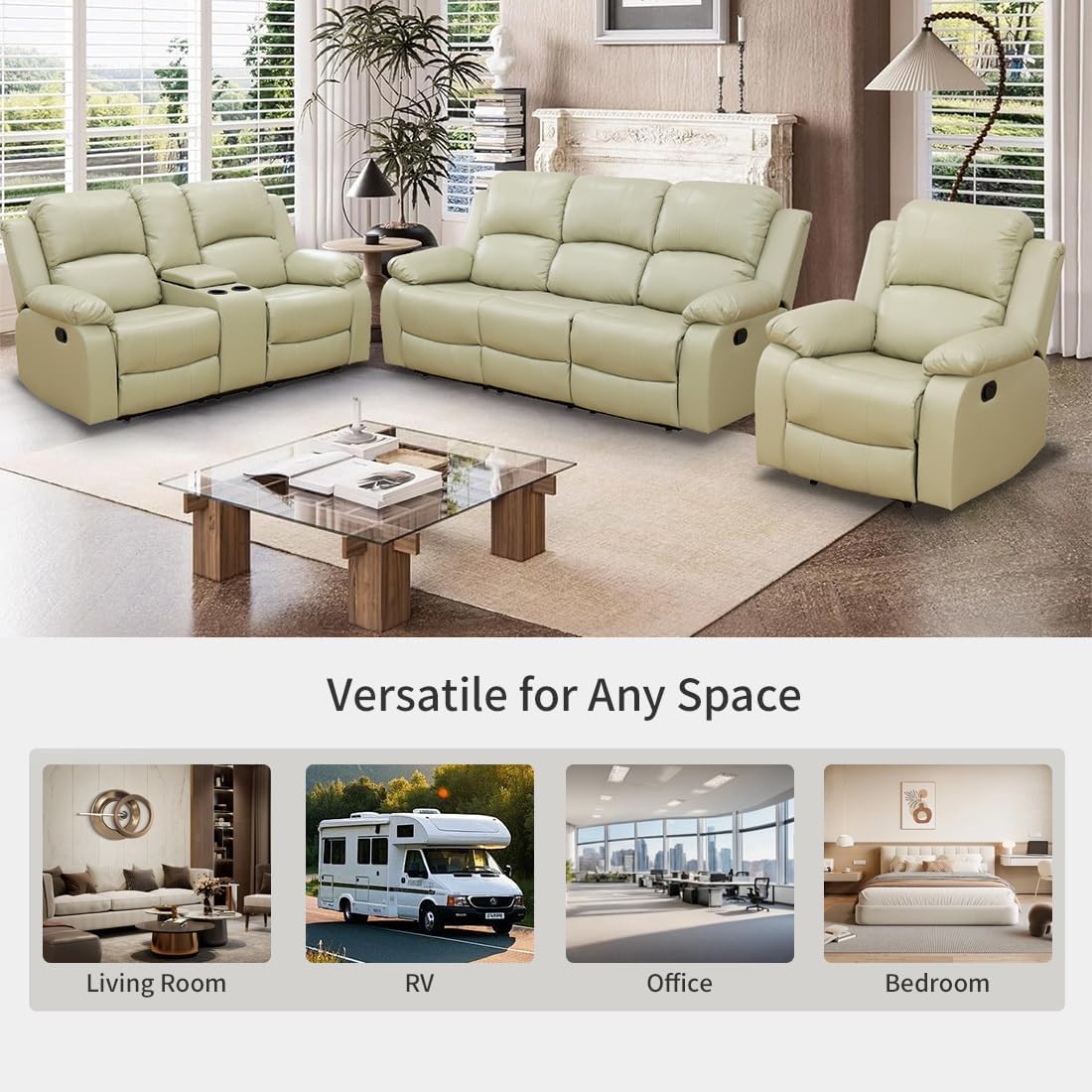 Manual Reclining Couch Sofa Set with Drop-Down Table, 3 Pieces Beige Leather Recliner Couch Sets, Living Room Furniture Sets, Recliner Sofa with Storage Console/Cup Holder for Home/Apartment