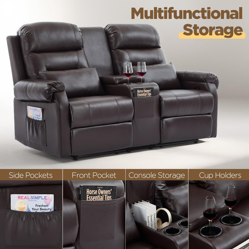 RV Loveseat Recliner with Console, Reclining Loveseat Sofa, Manual Home Theater Seating with Pockets/Cup Holders for Living Room/RV Furniture (Chocolate PU)