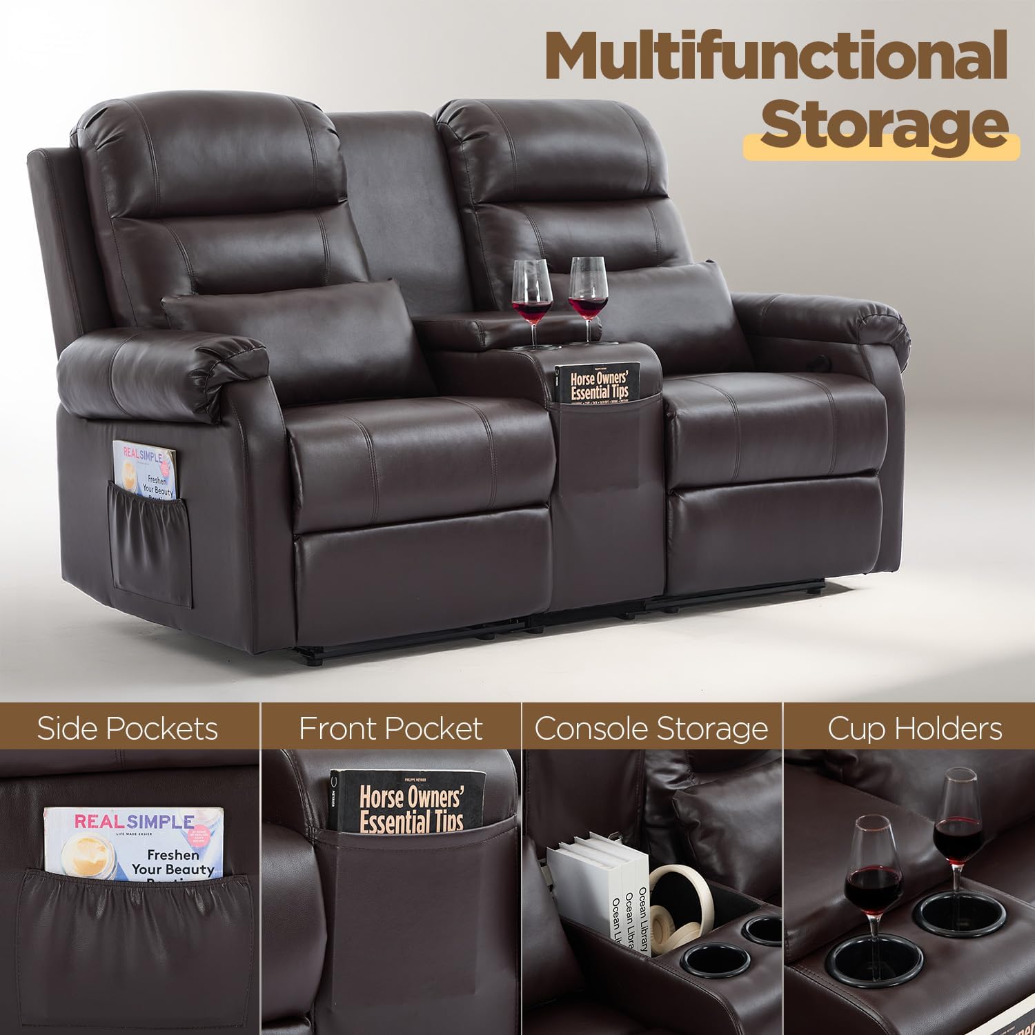 RV Loveseat Recliner with Console, Reclining Loveseat Sofa, Manual Home Theater Seating with Pockets/Cup Holders for Living Room/RV Furniture (Chocolate PU)