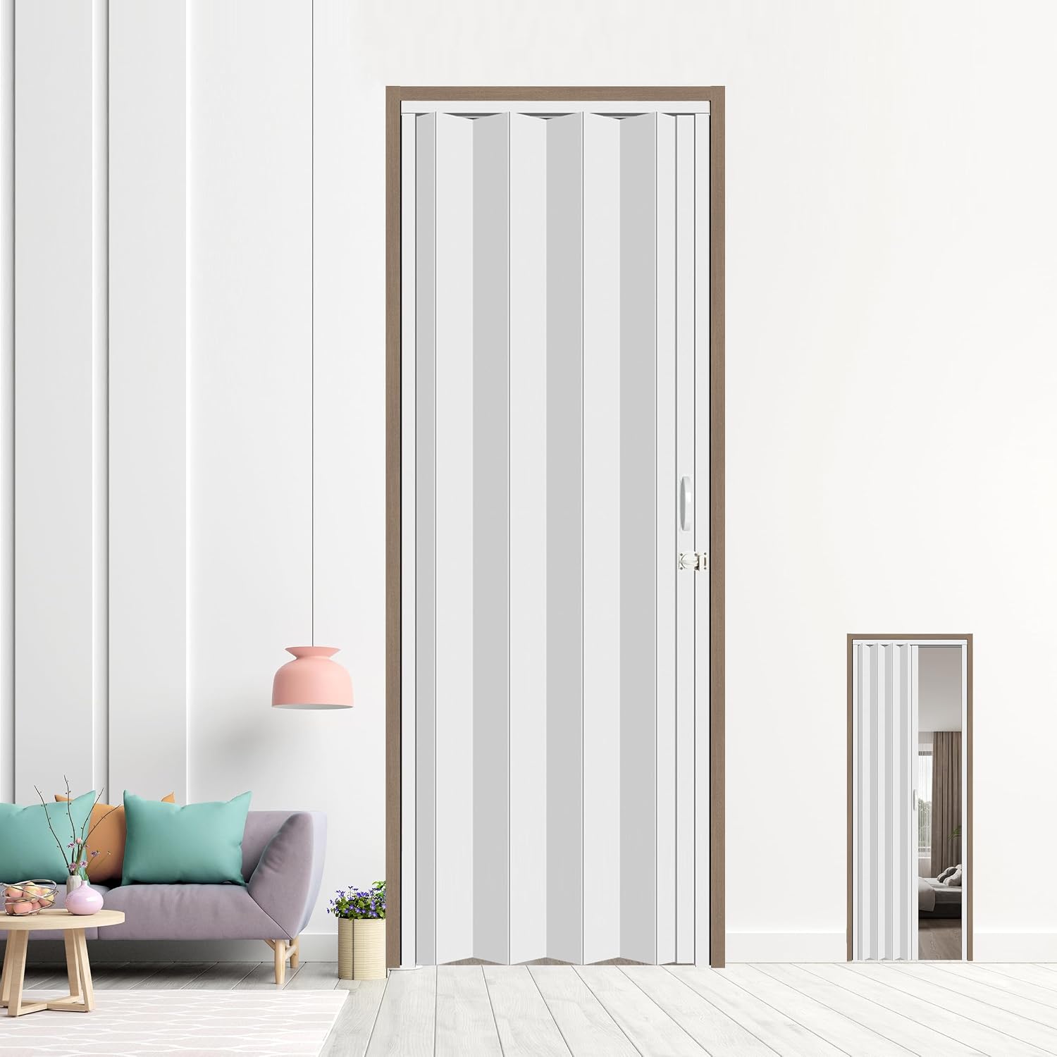 24X79in Interior Accordion Doors for Small Openning, White PVC Folding Closet Door, Two-Side Handle Latch Includes