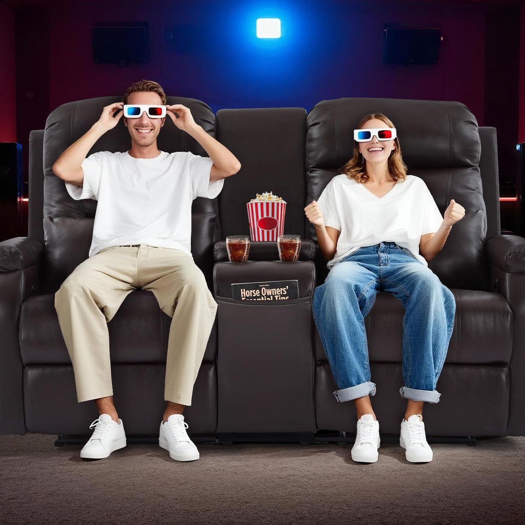RV Loveseat Recliner with Console, Reclining Loveseat Sofa, Manual Home Theater Seating with Pockets/Cup Holders for Living Room/RV Furniture (Chocolate PU)