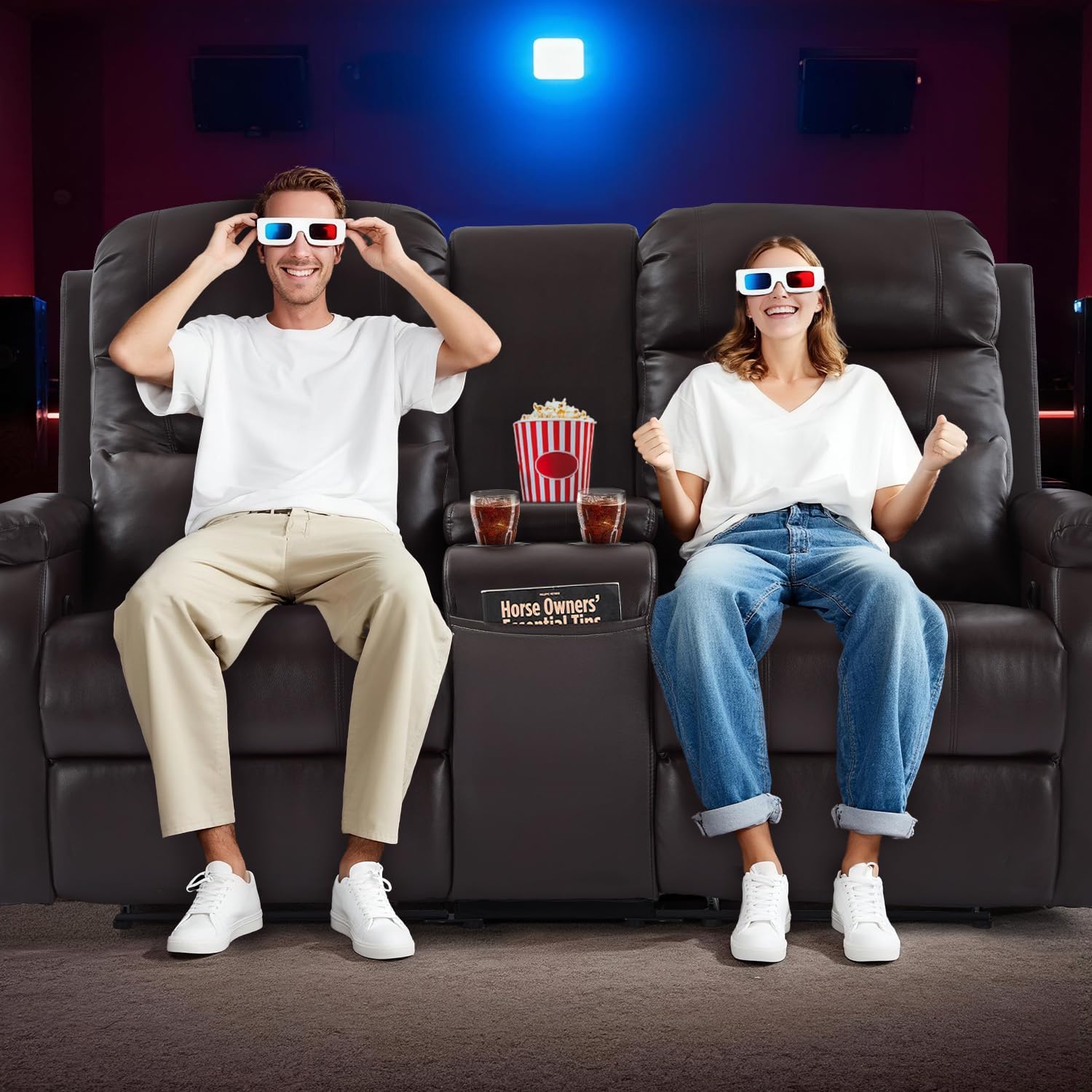 RV Loveseat Recliner with Console, Reclining Loveseat Sofa, Manual Home Theater Seating with Pockets/Cup Holders for Living Room/RV Furniture (Chocolate PU)