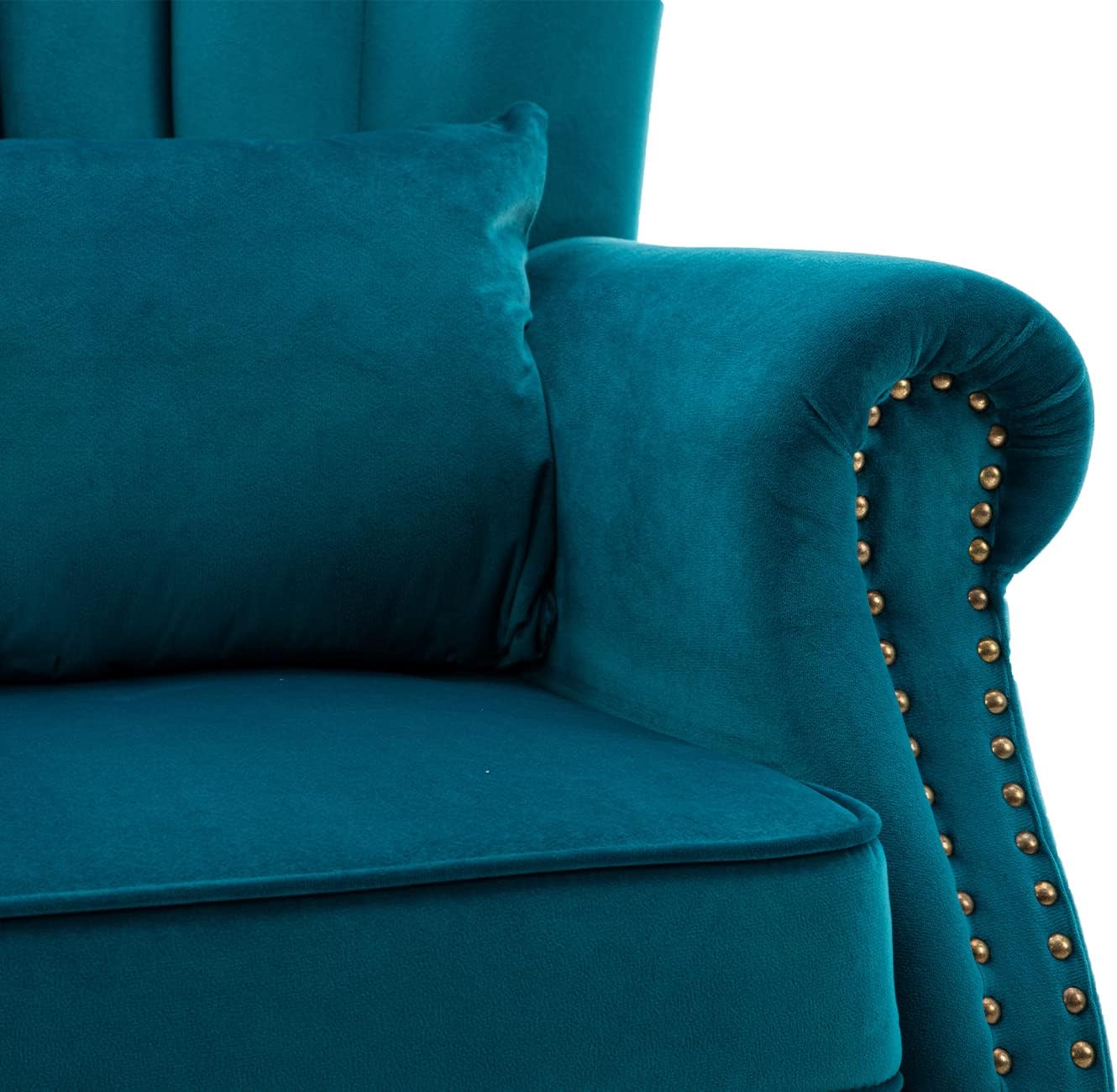 Kmax Teal Blue Accent Chair Velvet Wingback Chair with Pillow Nail-Head Channel Tufted Oversized Club Chair for Living Room Bedroom Guest Room