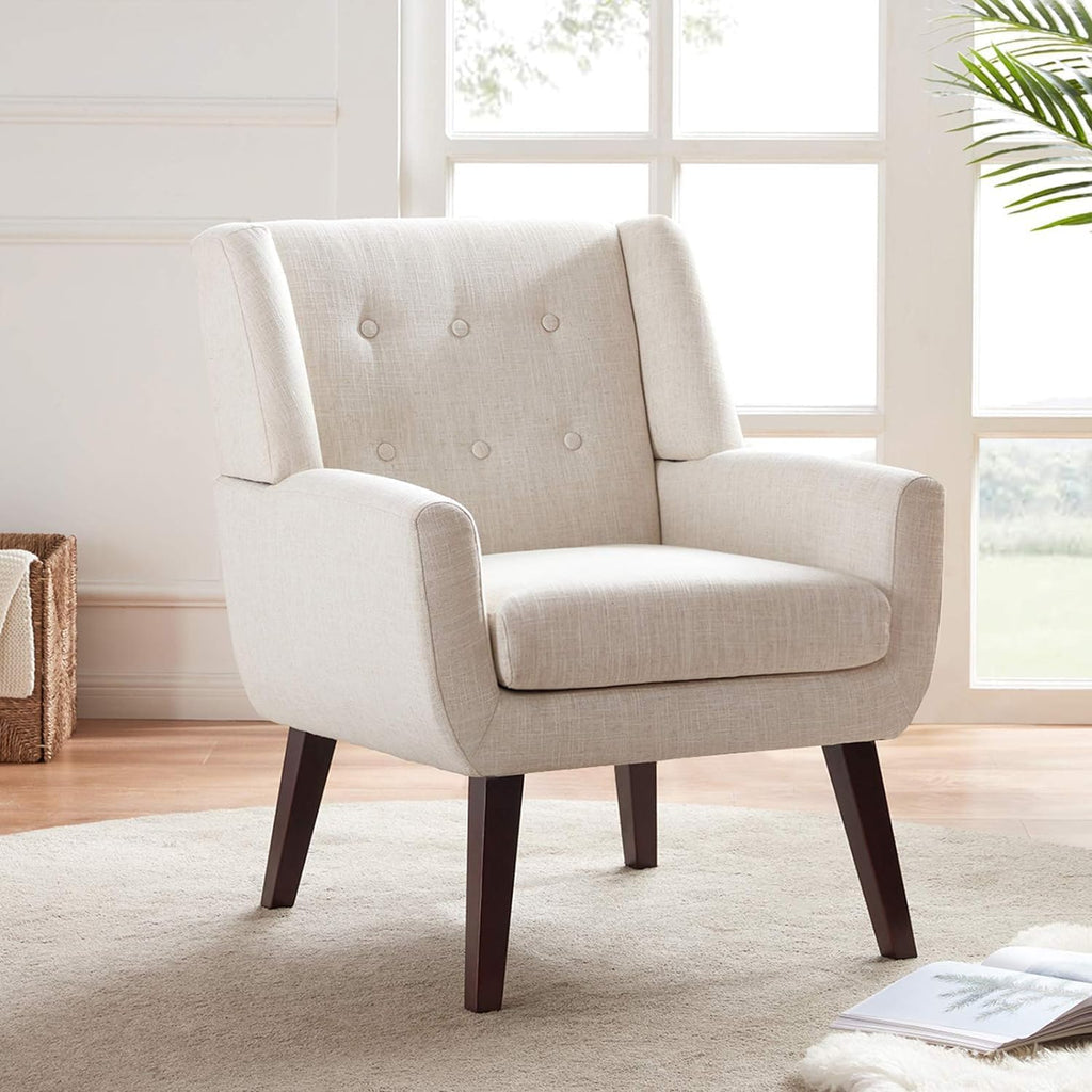 HUIMO Accent Chair for Living Room, Upholstered Button Tufted Armchair with Wooden Legs, Linen Fabric Sofa Chairs for Bedroom, Living Room, Mid-Century Modern Comfy Reading Chair (Beige)
